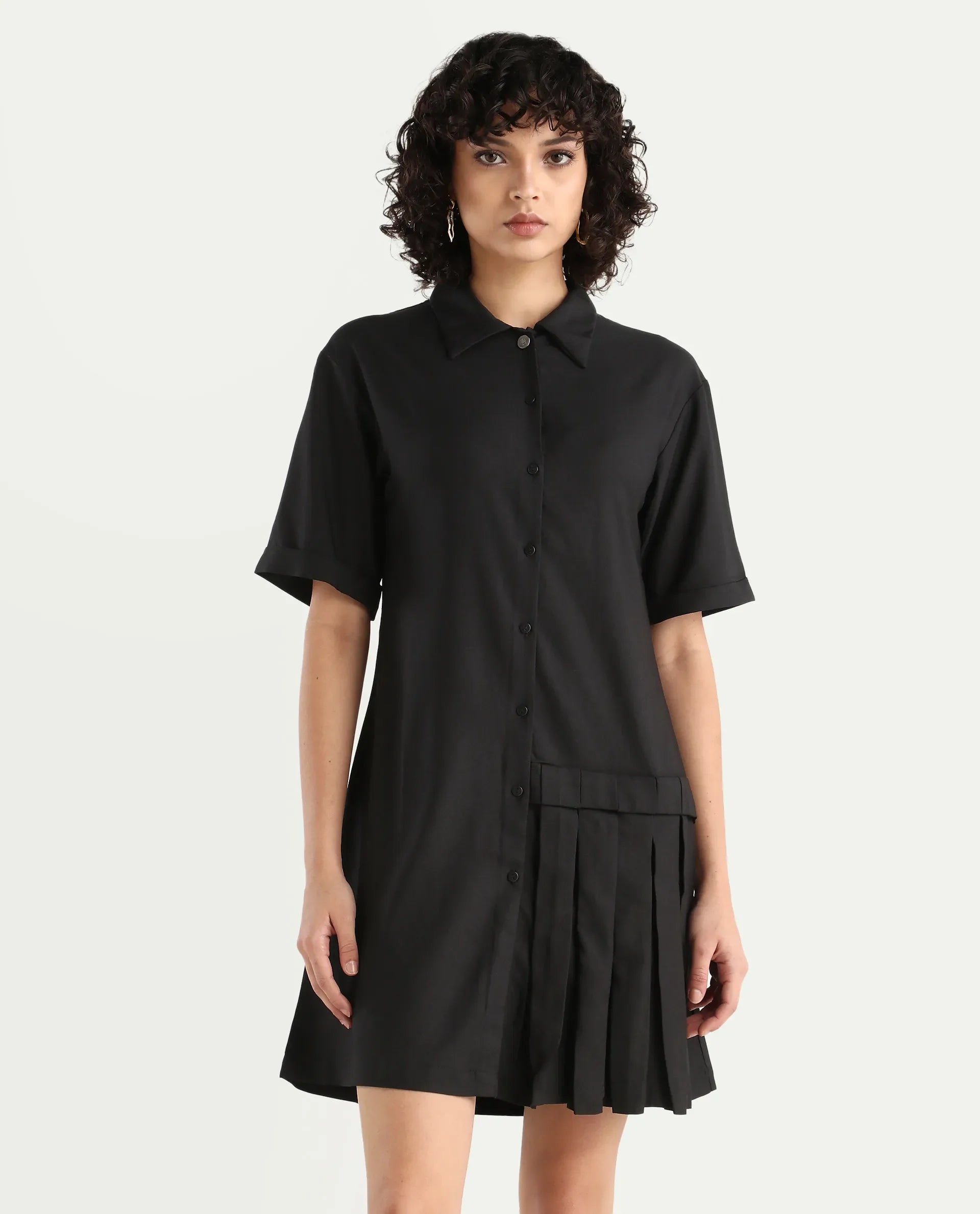 Rareism Women's Dilijan Black Cotton Blend Drop Collar Plain Knee Length Asymmetric Dress