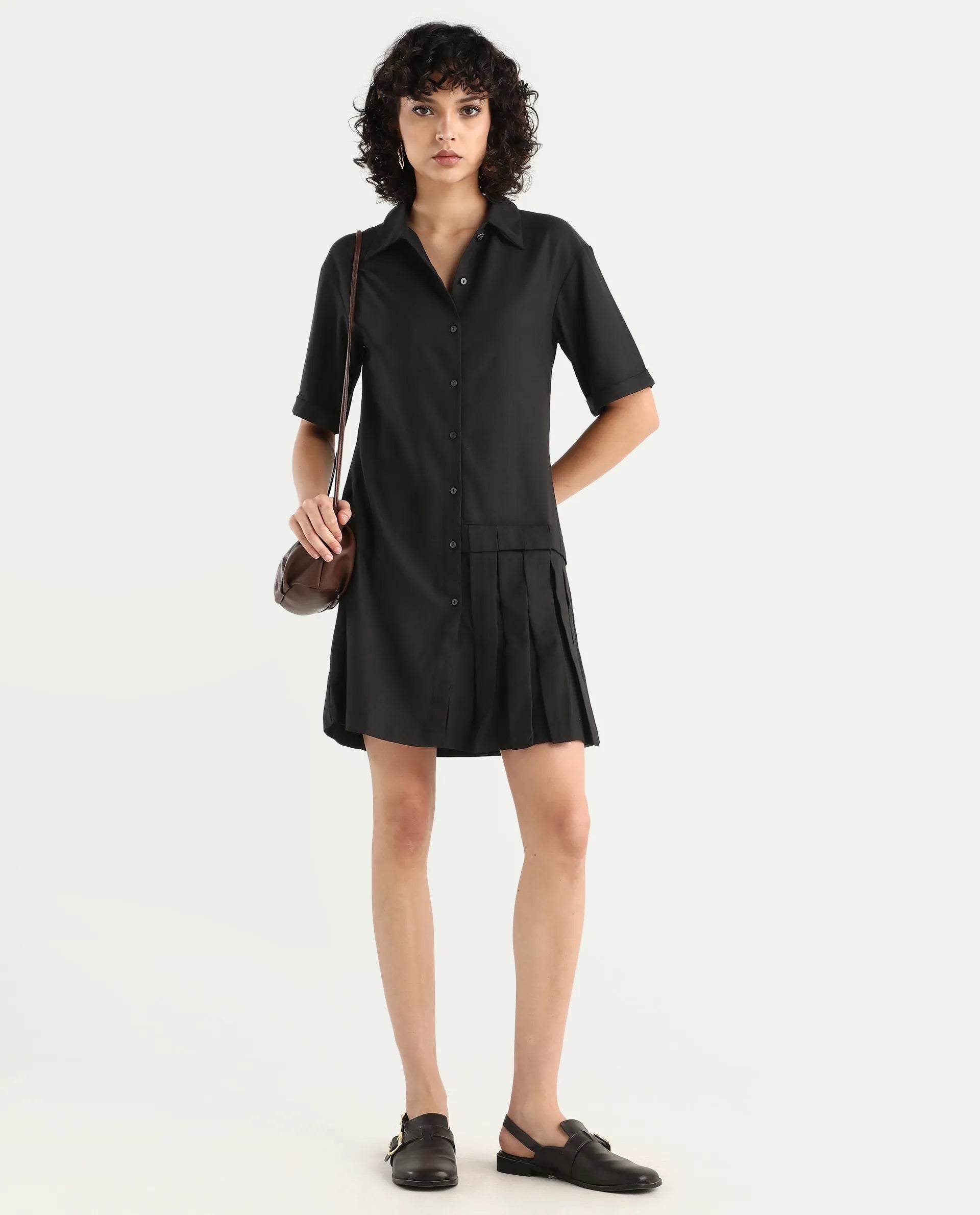 Rareism Women's Dilijan Black Cotton Blend Drop Collar Plain Knee Length Asymmetric Dress