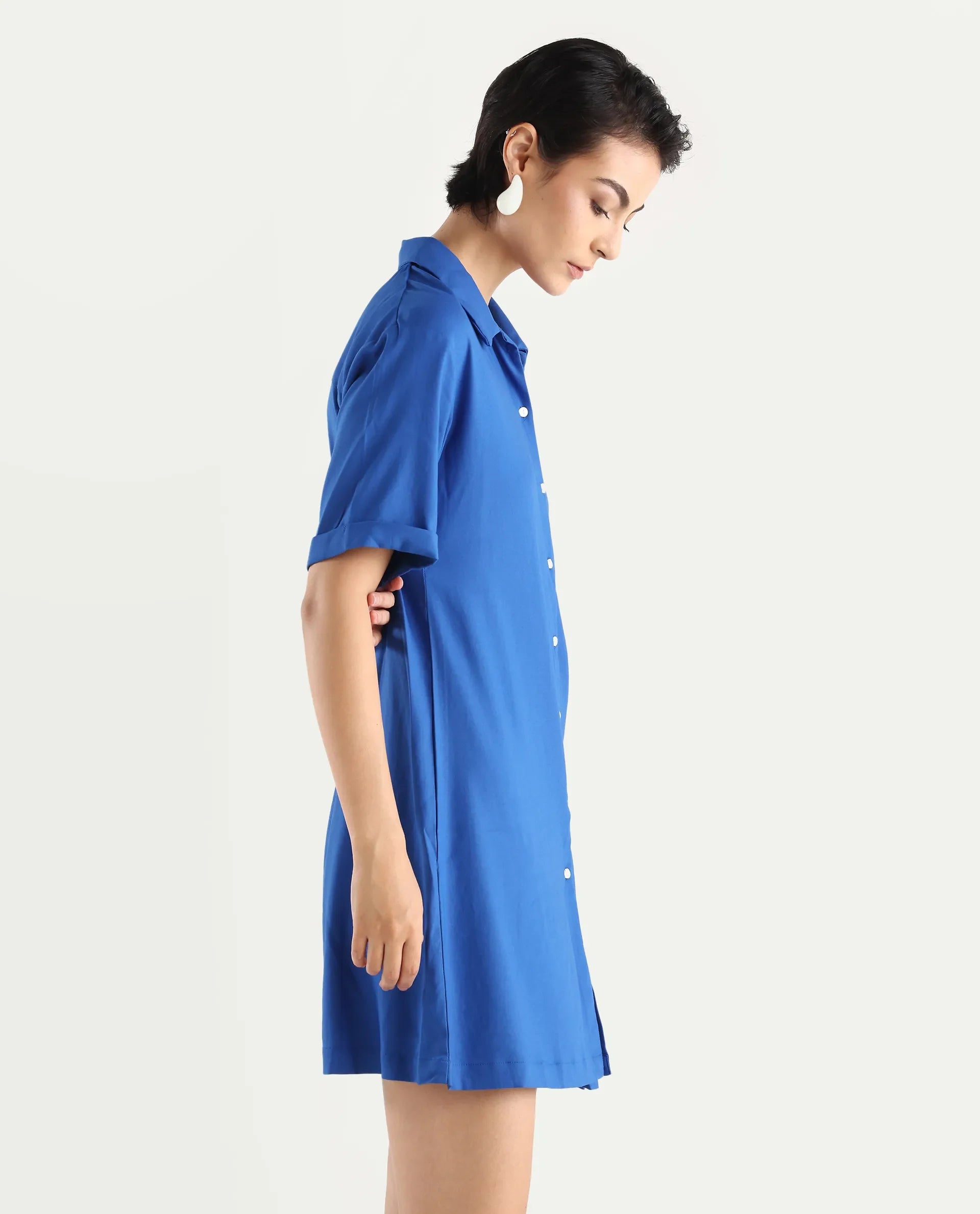 Rareism Women's Dilijan Blue Viscose Blend Drop Collar Plain Knee Length Asymmetric Dress