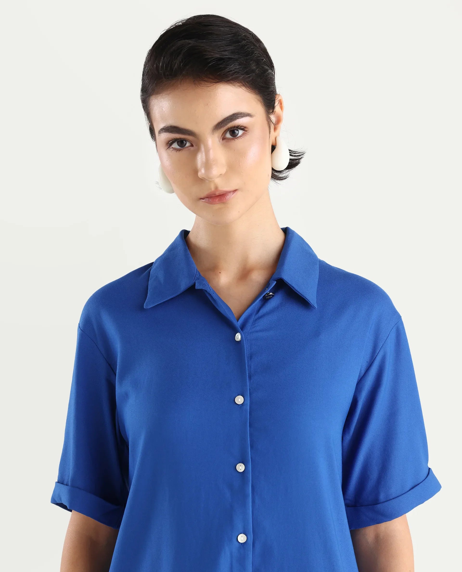 Rareism Women's Dilijan Blue Viscose Blend Drop Collar Plain Knee Length Asymmetric Dress
