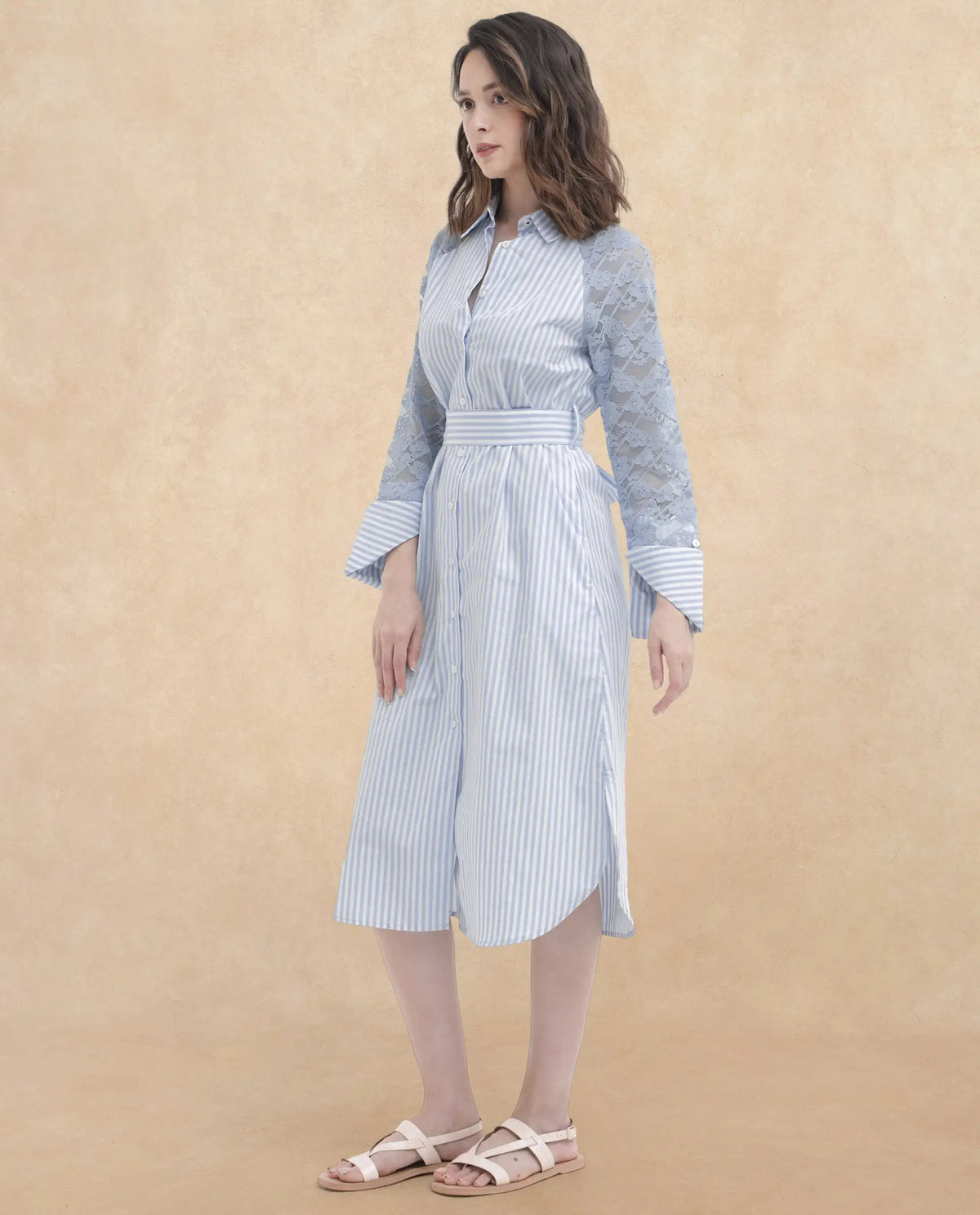 Rareism Women Dima Blue Cotton Fabric Regular Sleeves Collared Neck Solid Dress