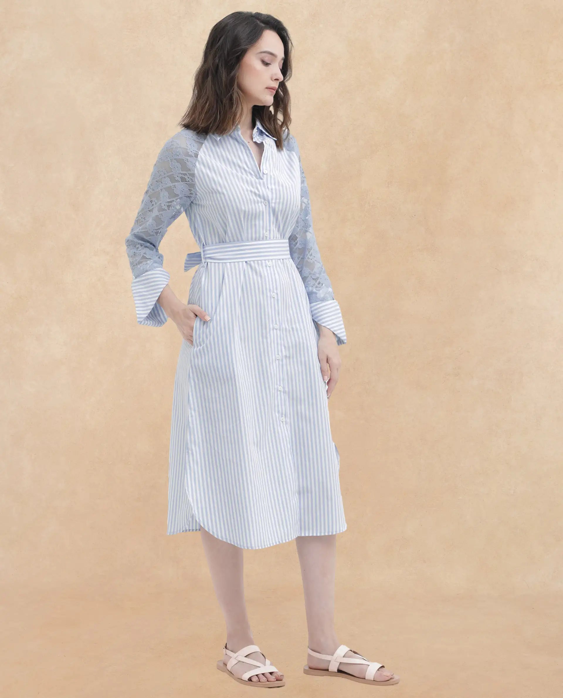 Rareism Women's Drop Collar Striped Raglan Sleeve Midi A-Line Dress