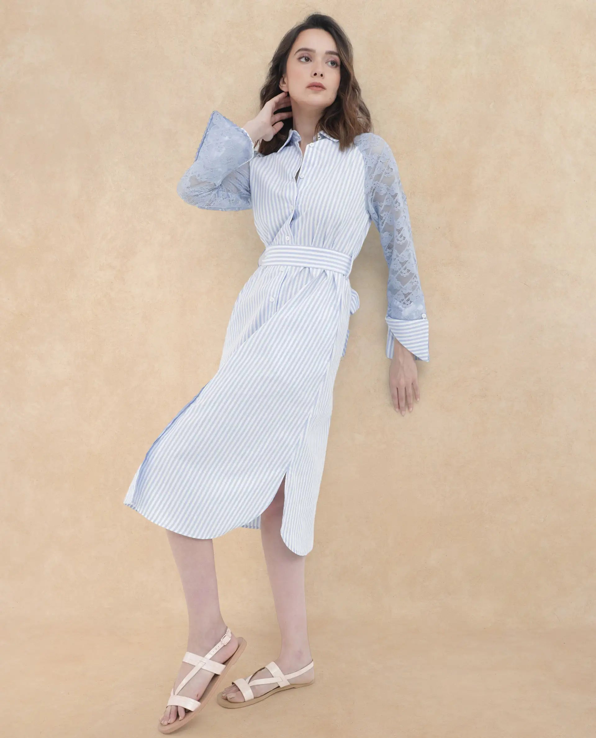 Rareism Women Dima Blue Cotton Fabric Regular Sleeves Collared Neck Solid Dress