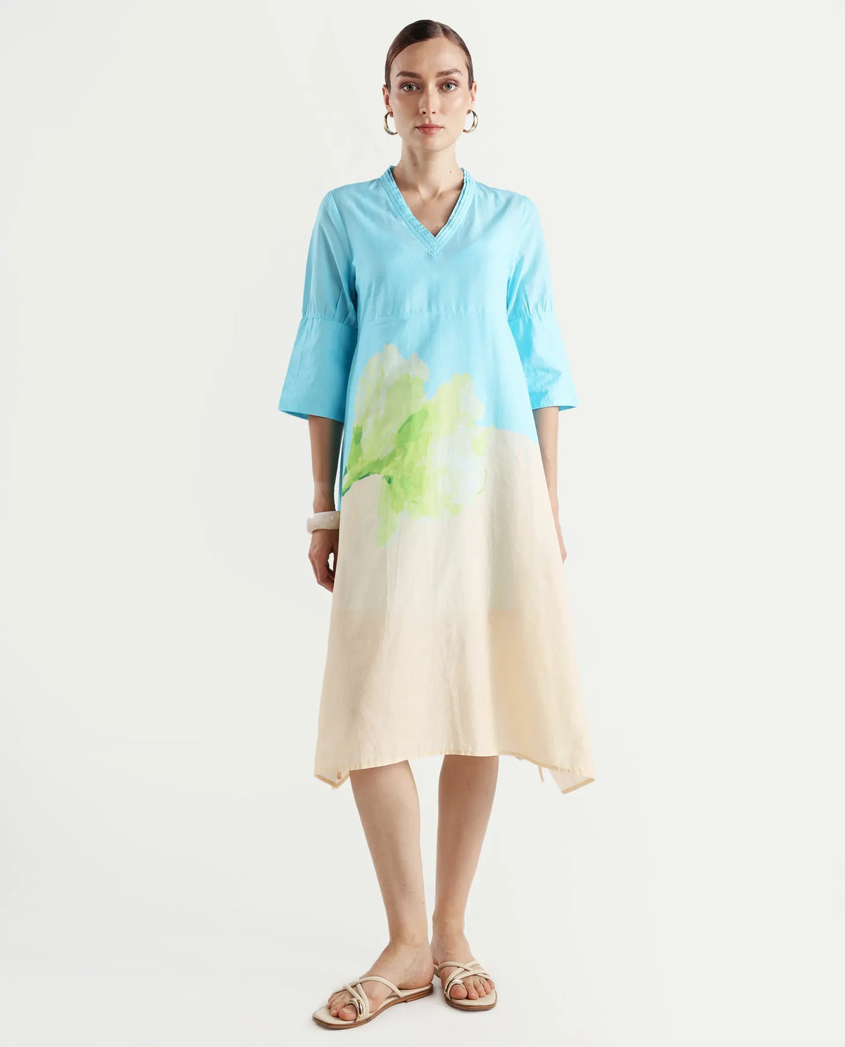 Rareism Women's Dinara Multi Cotton V-Neck Floral Print Midi A-Line Dress