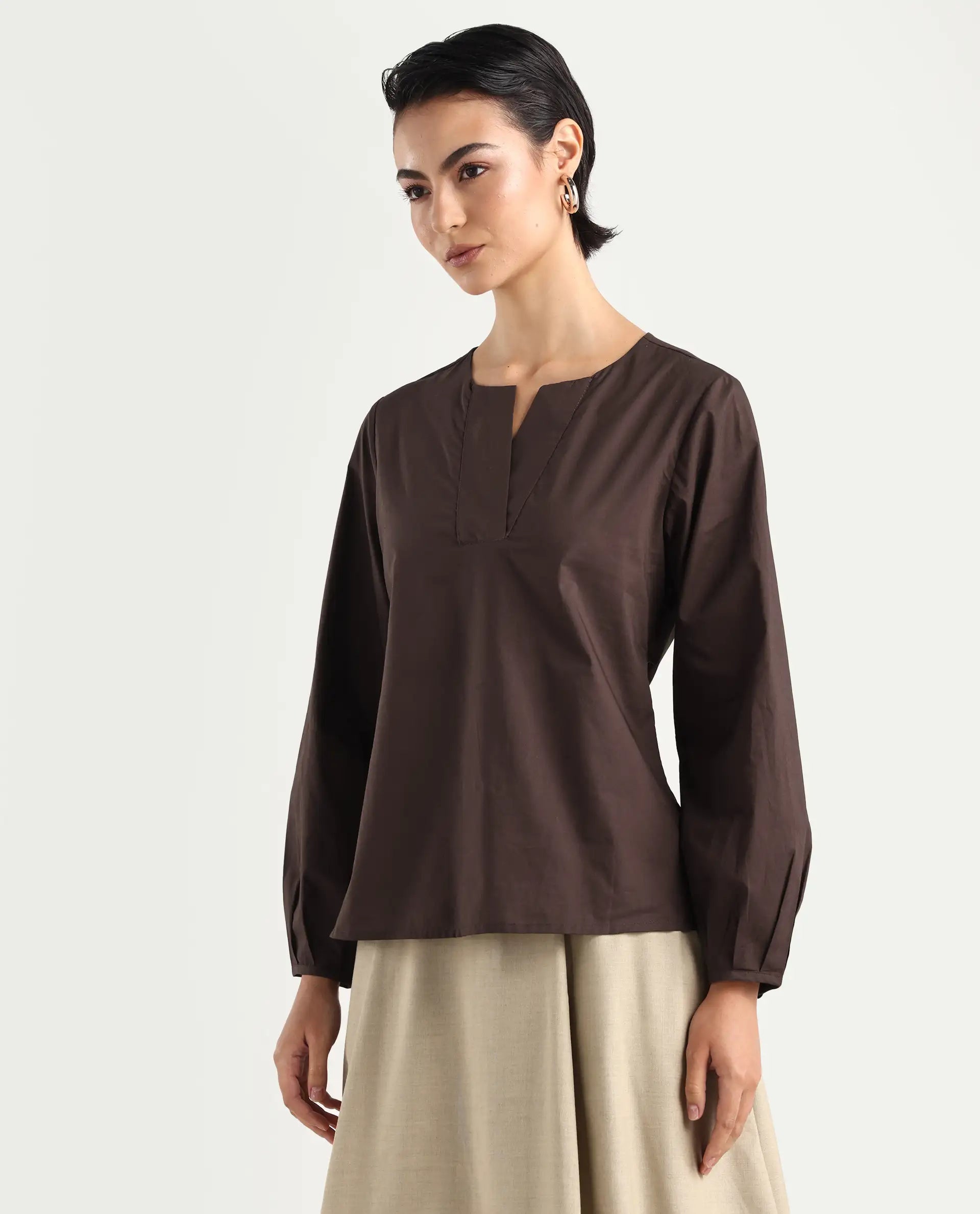Rareism Women's Dione Brown Cotton Mandarin Collar Plain Cuffed Sleeve Regular Fit Top