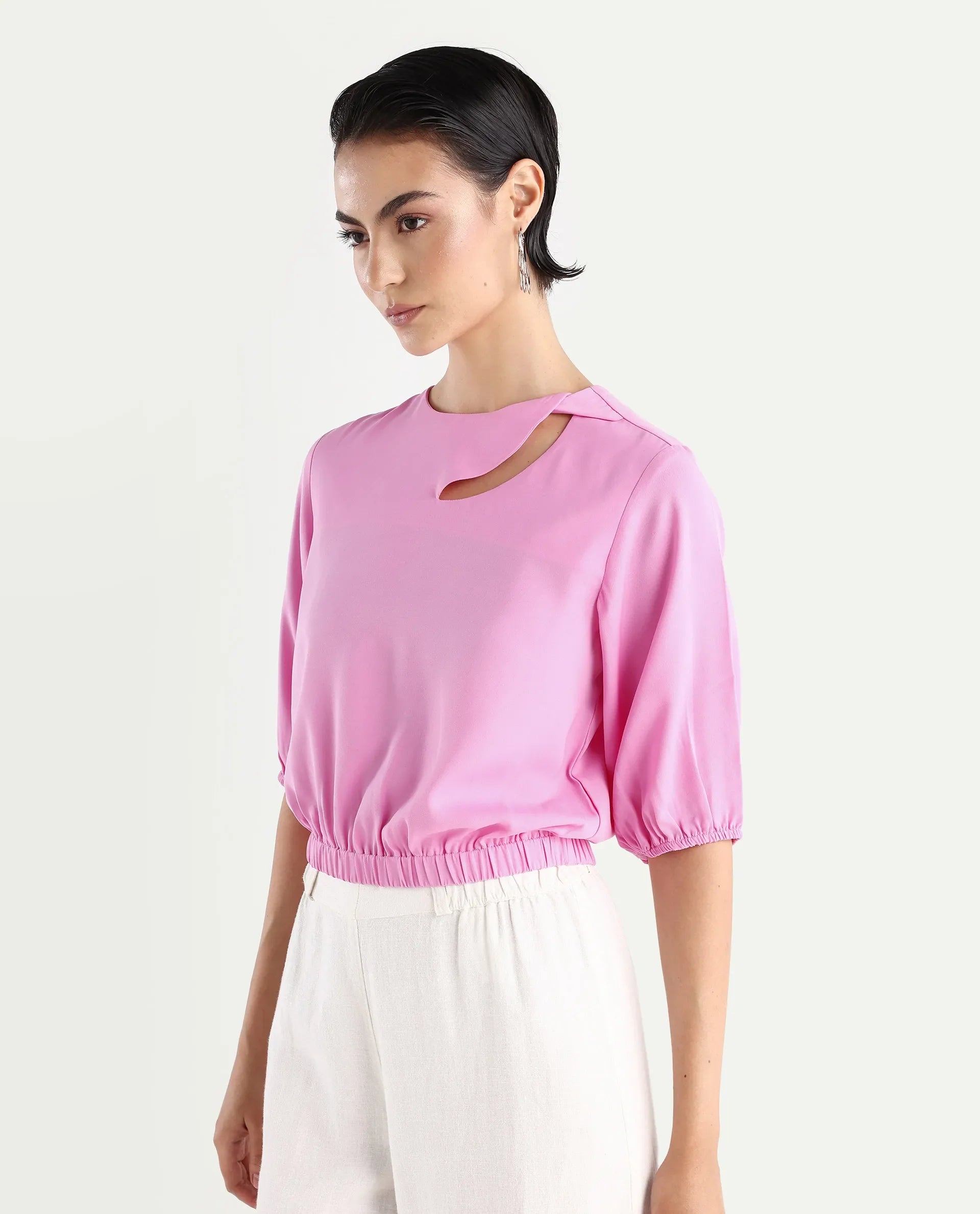 Rareism Women's Dionysus Pink Polyester Blend Crew Neck Plain Crop Regular Fit Top