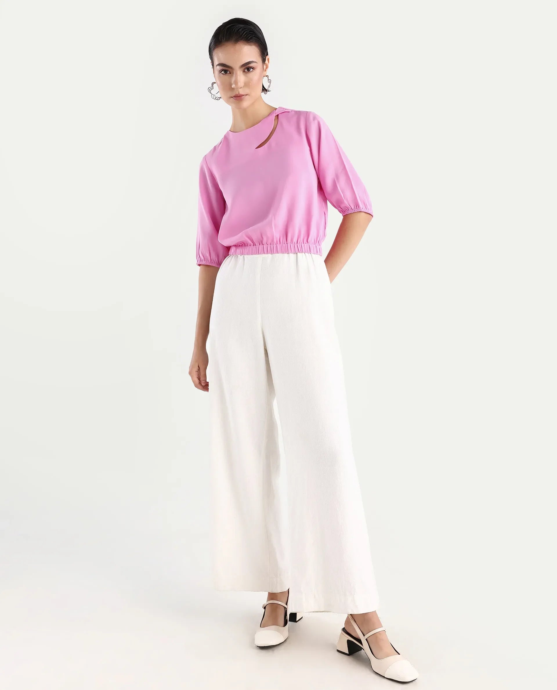 Rareism Women's Dionysus Pink Polyester Blend Crew Neck Plain Crop Regular Fit Top