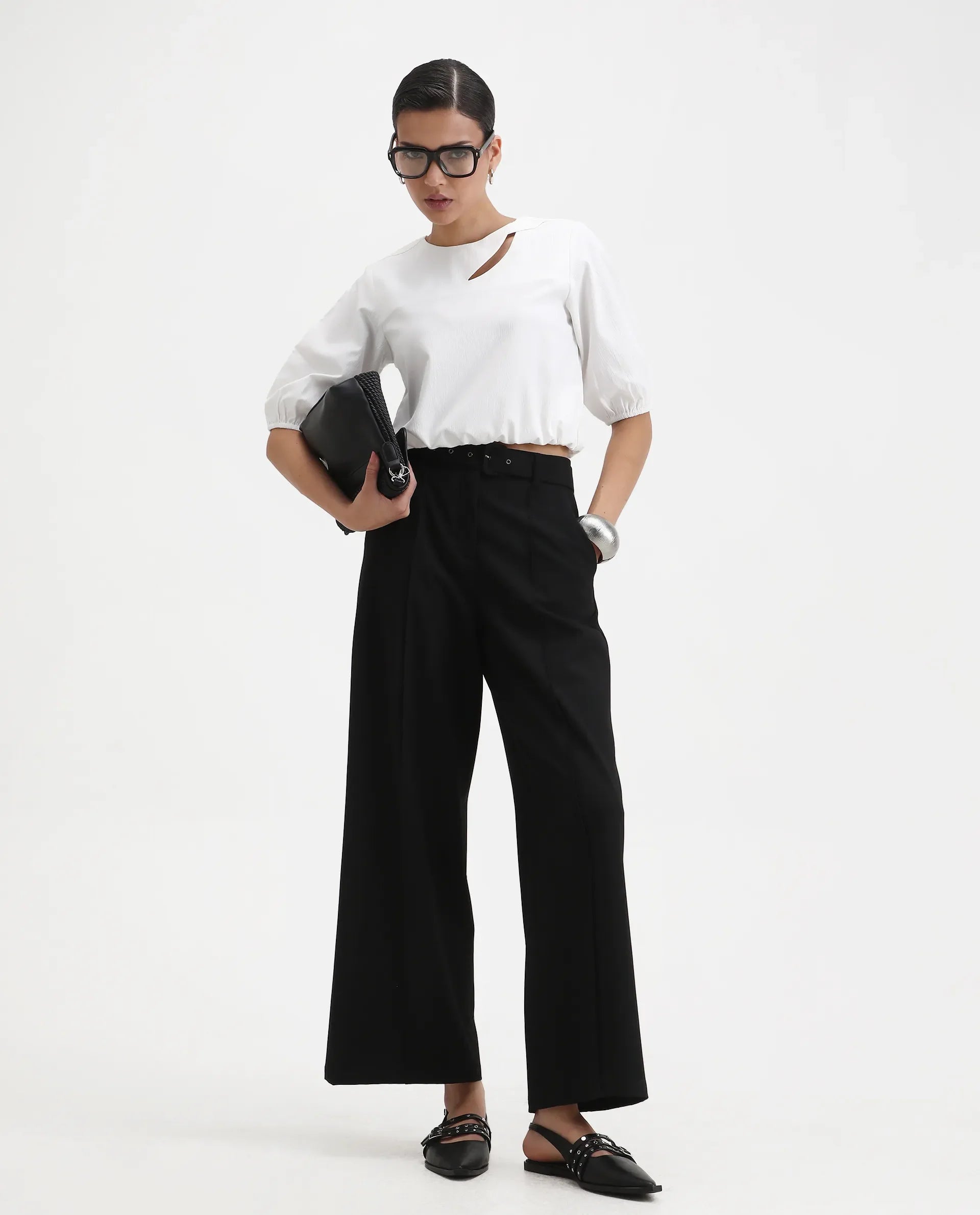 Rareism Women's Dionysus White Polyester Blend Crew Neck Plain Crop Regular Fit Top