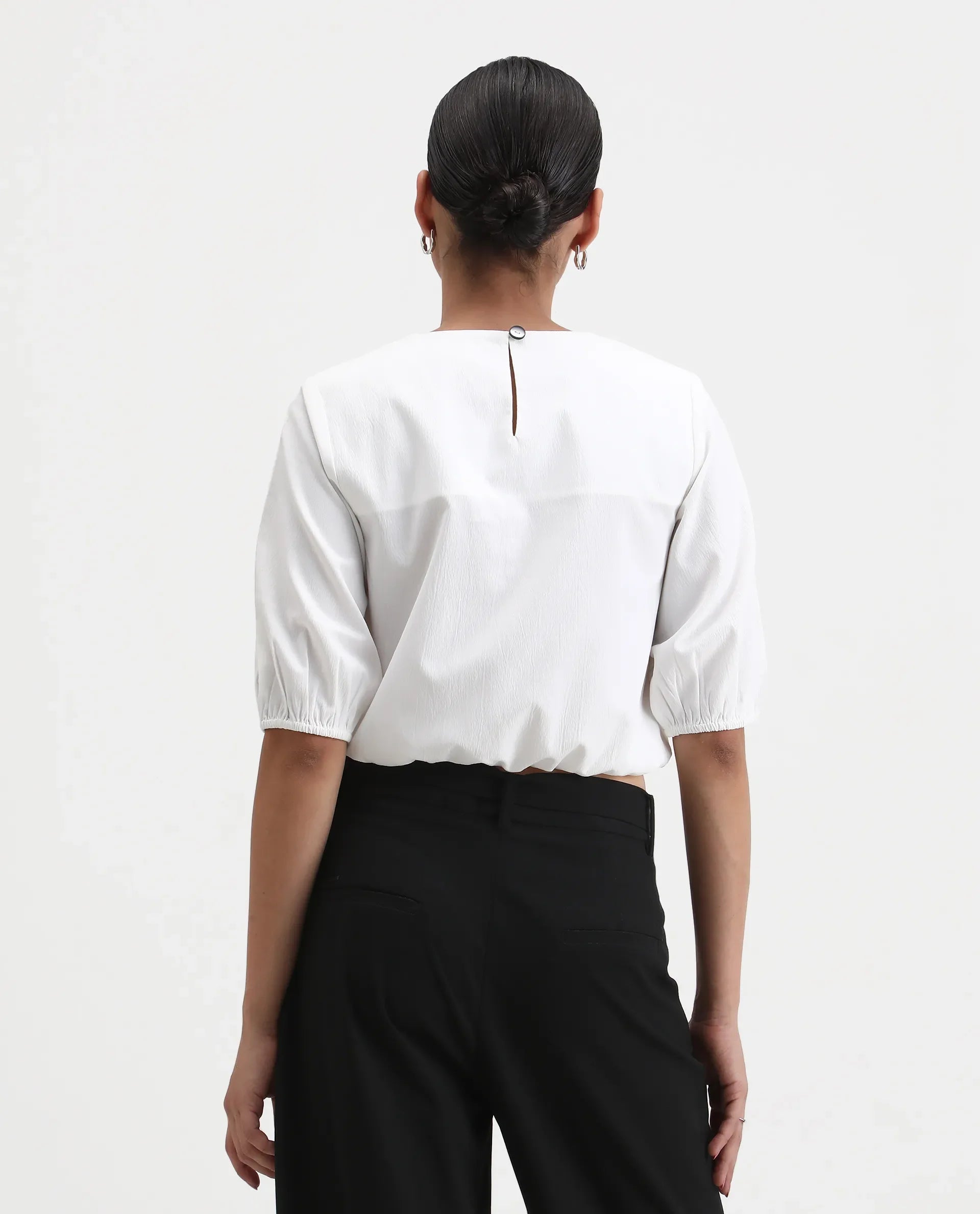 Rareism Women's Dionysus White Polyester Blend Crew Neck Plain Crop Regular Fit Top