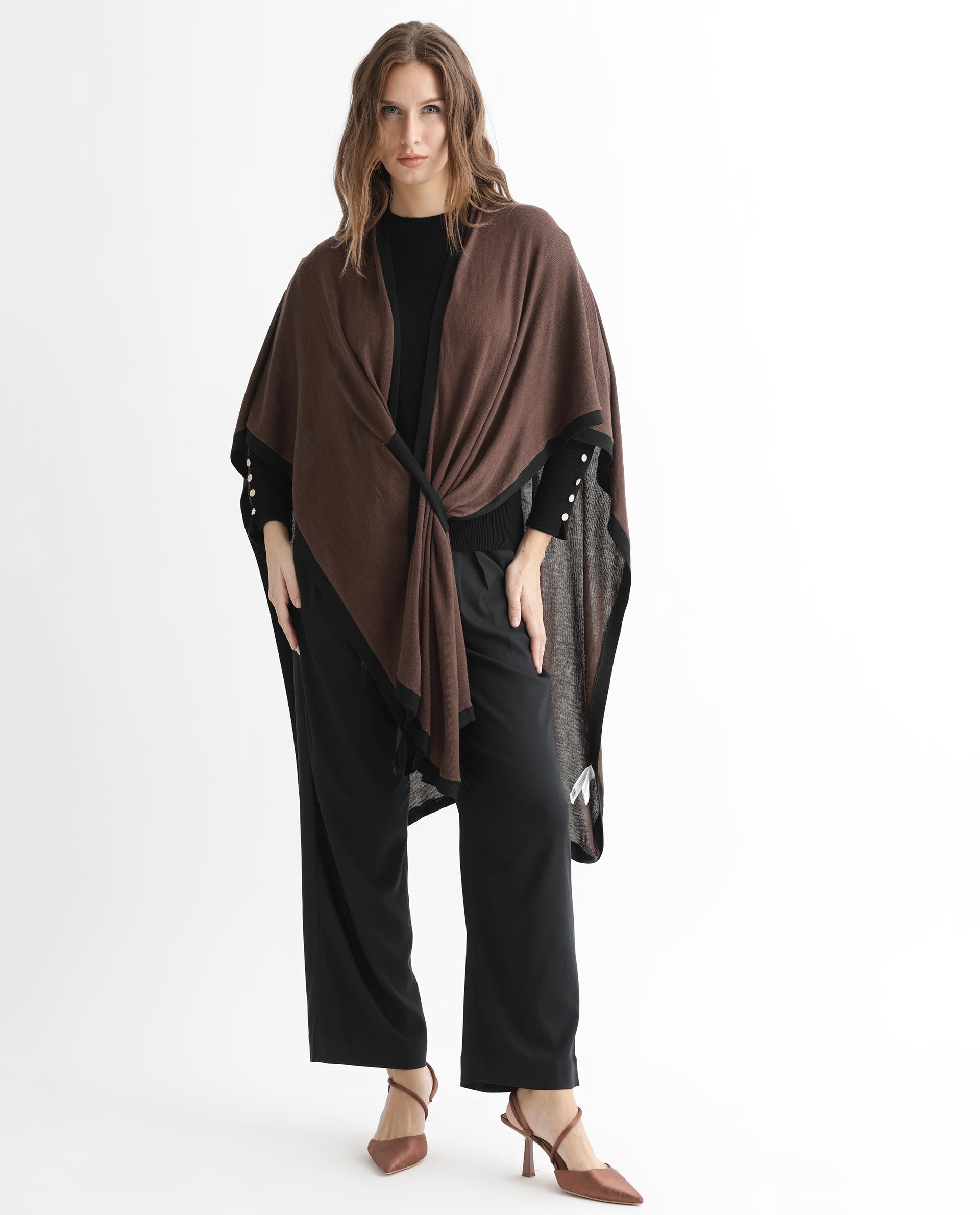 Rareism Women's Display Brown Viscose Collarless Plain Cape Sleeve Relaxed Fit Sweater