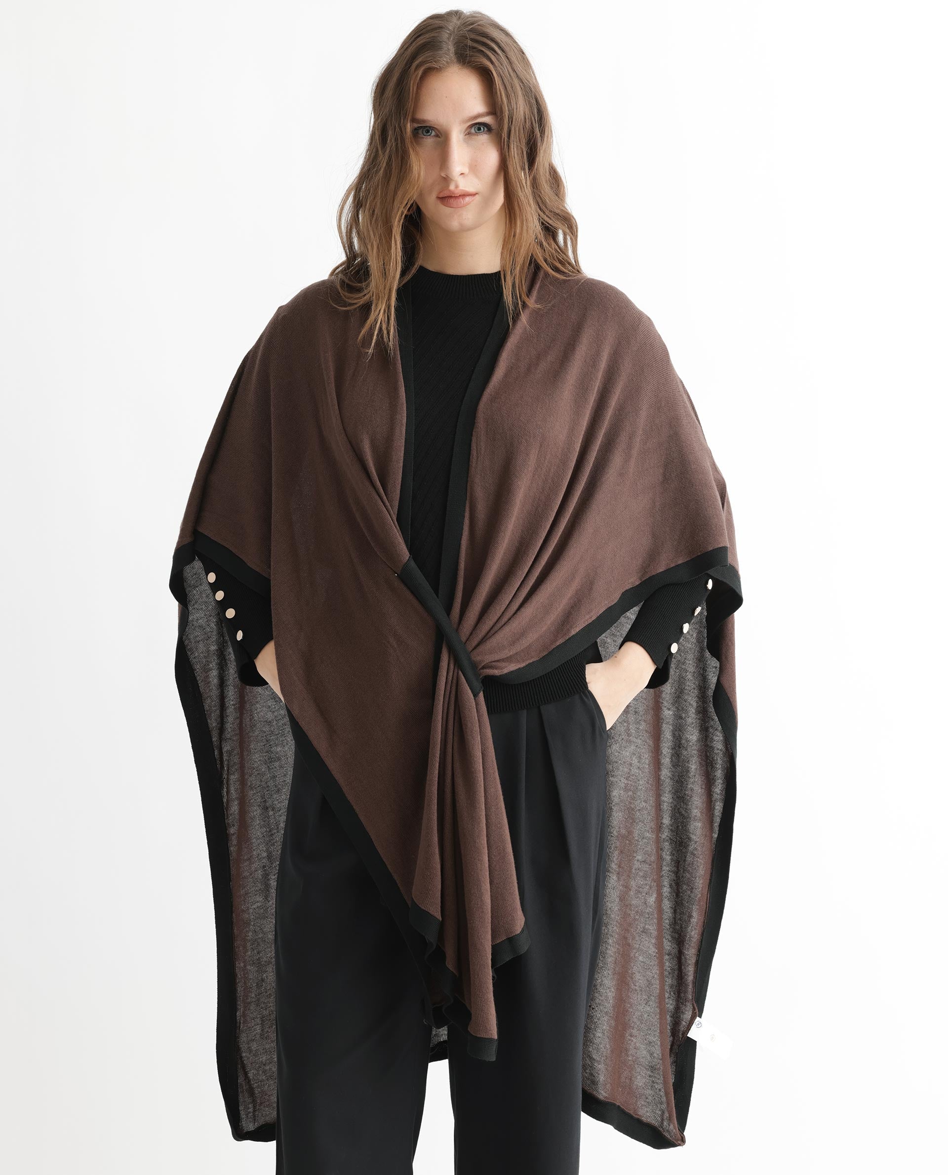 Rareism Women's Display Brown Viscose Collarless Plain Cape Sleeve Relaxed Fit Sweater