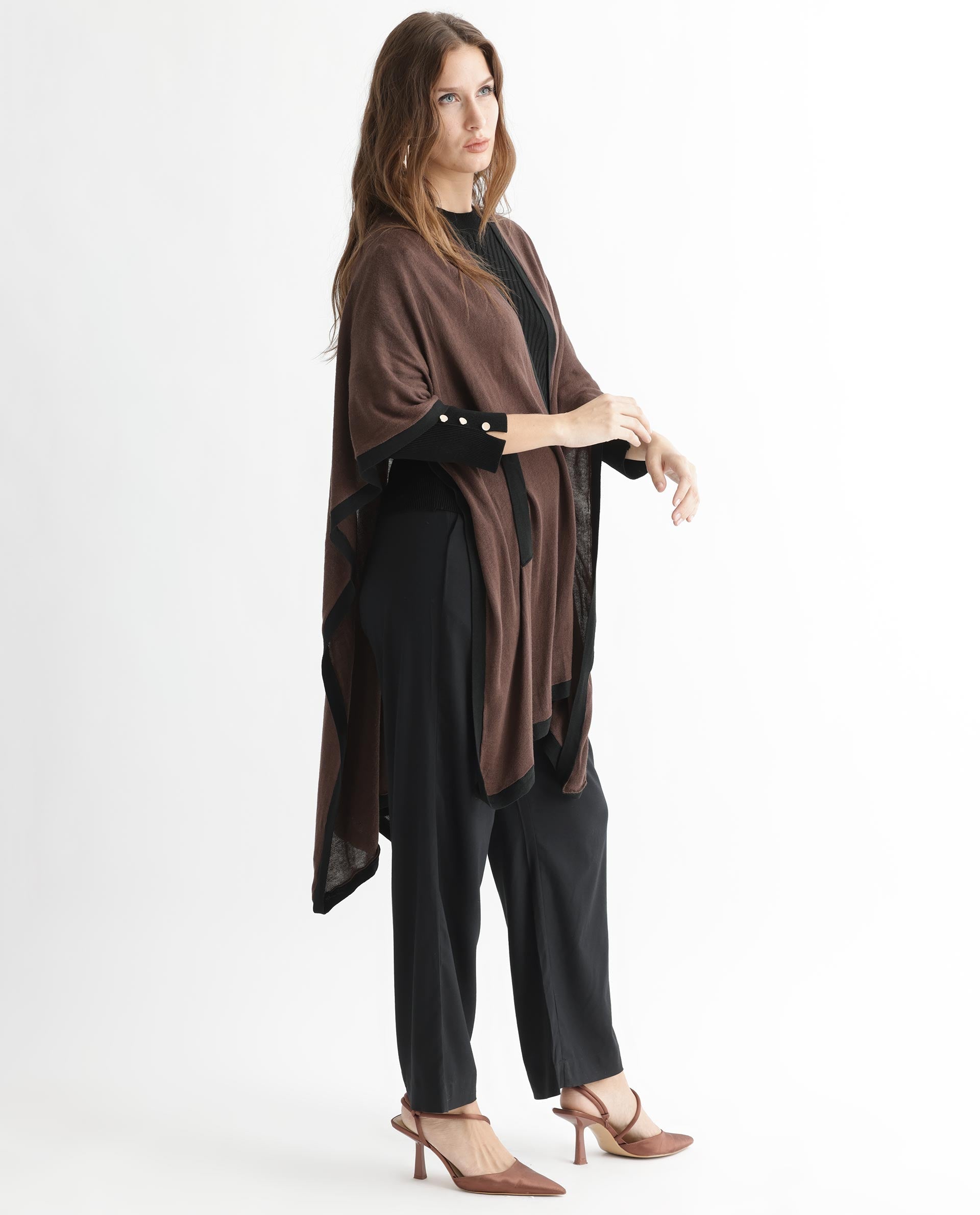 Rareism Women's Display Brown Viscose Collarless Plain Cape Sleeve Relaxed Fit Sweater
