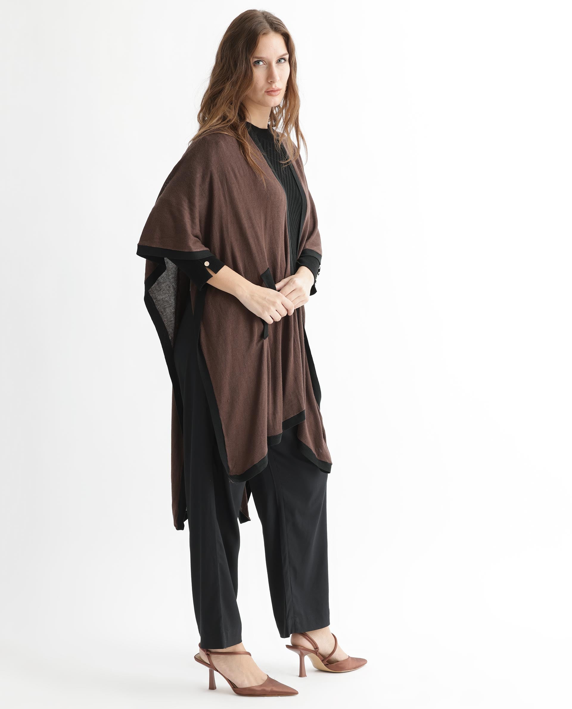 Rareism Women's Display Brown Viscose Collarless Plain Cape Sleeve Relaxed Fit Sweater