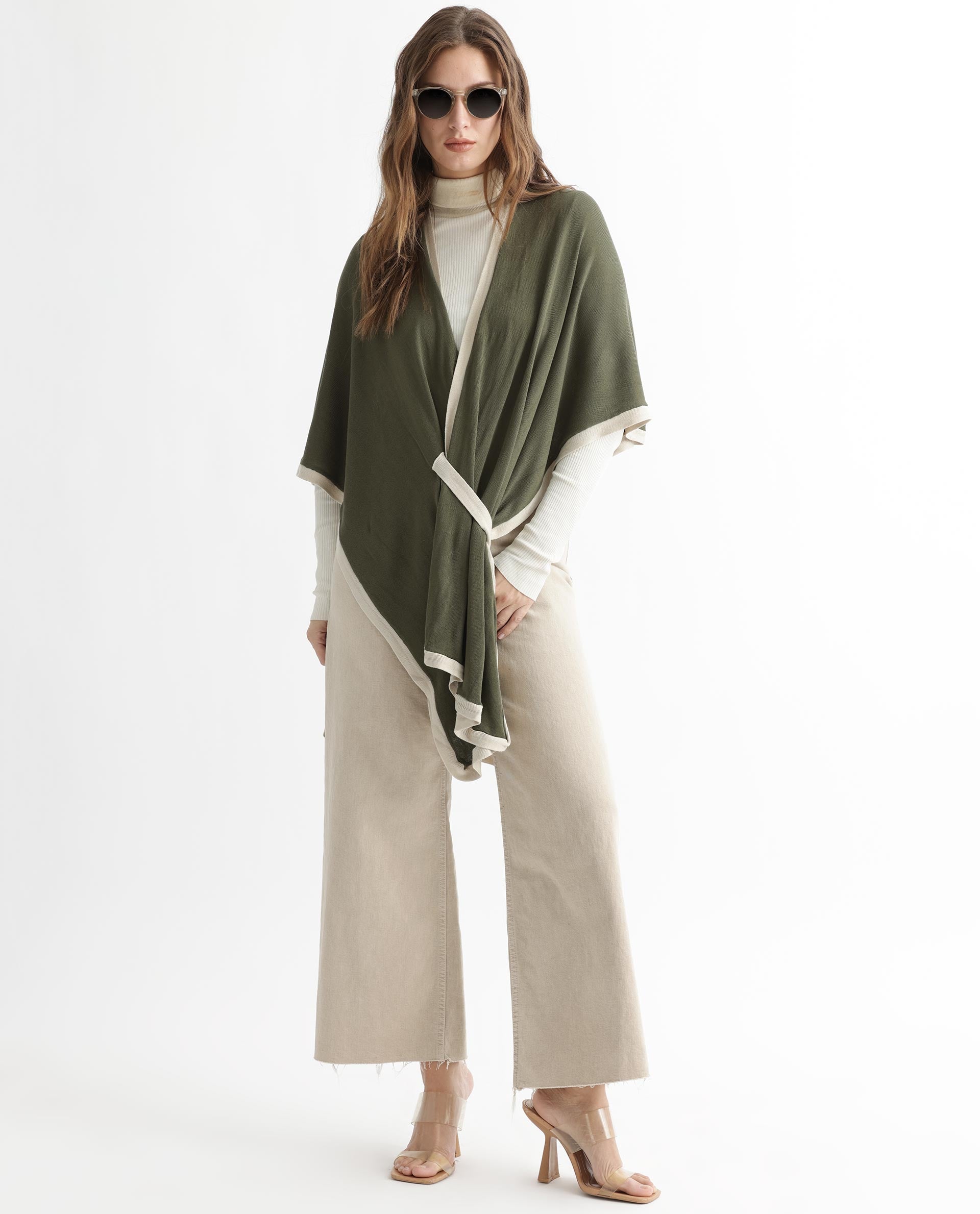 Rareism Women Display Olive Viscose Fabric 3/4Th Sleeves Relaxed Fit Solid Collarless Sweater