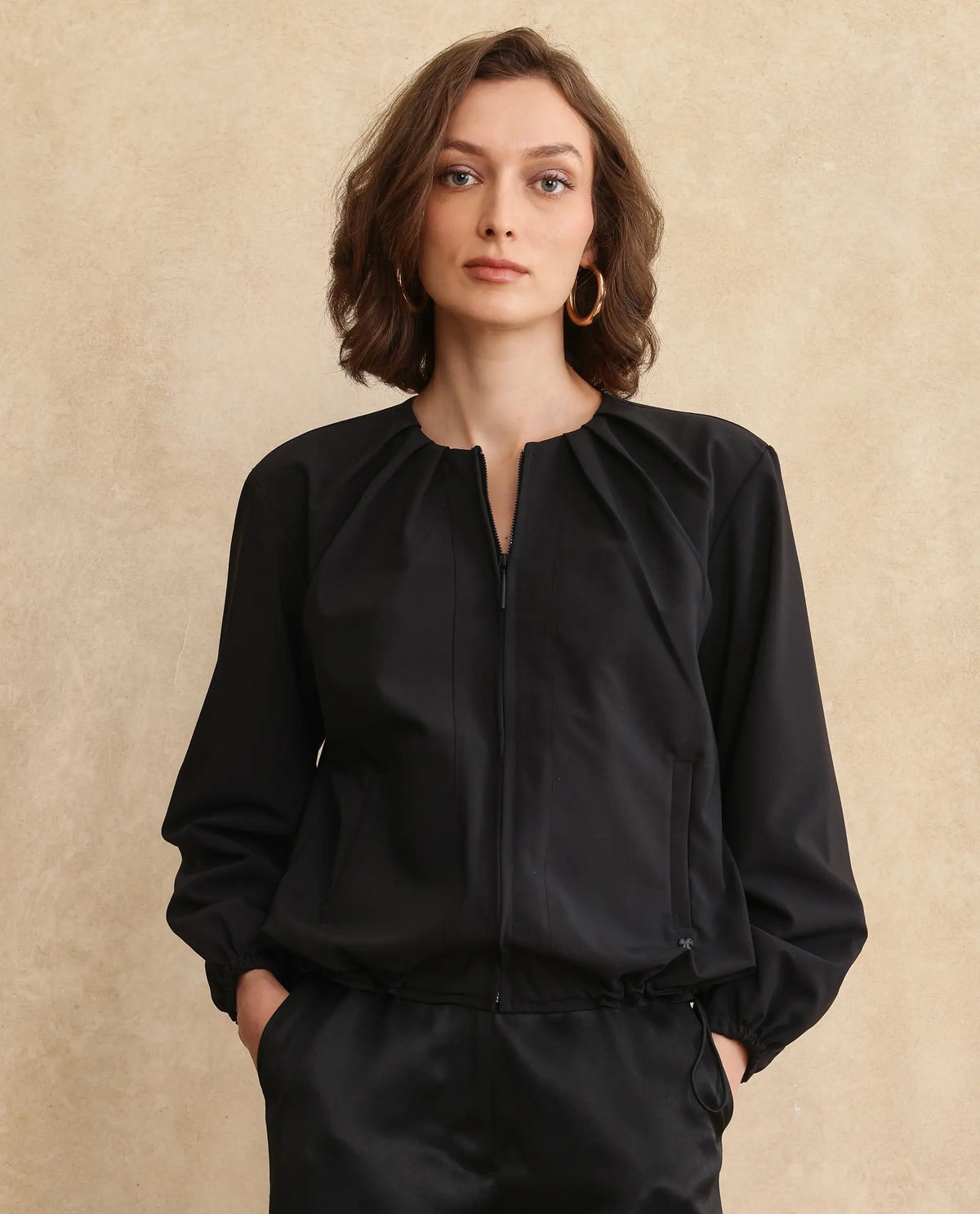 Rareism Women Dockly Black Full Sleeve Crew Neck Zipper Closure Plain Jacket
