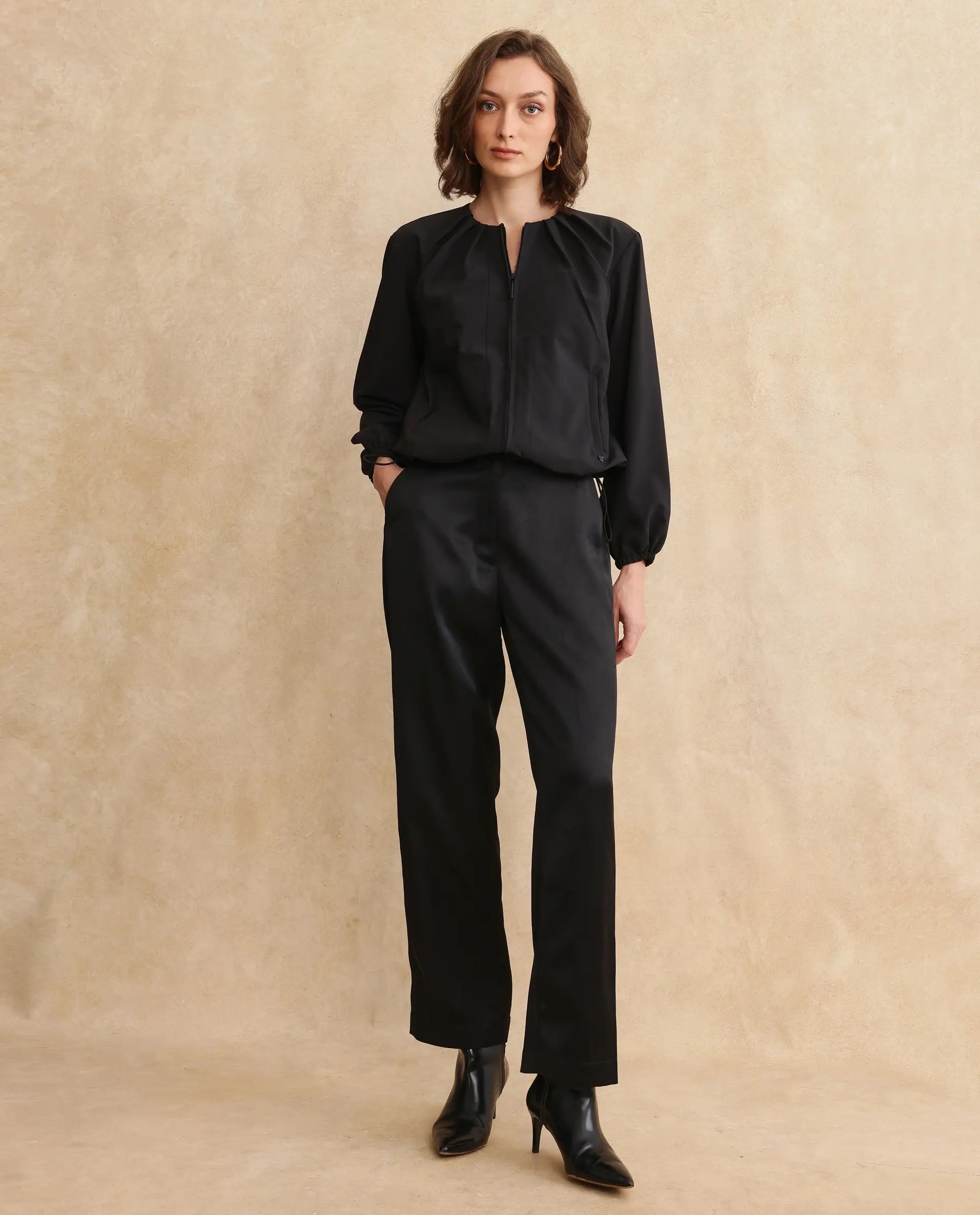 Rareism Women's Dockly Black Crew Neck Plain Regular Fit Jacket