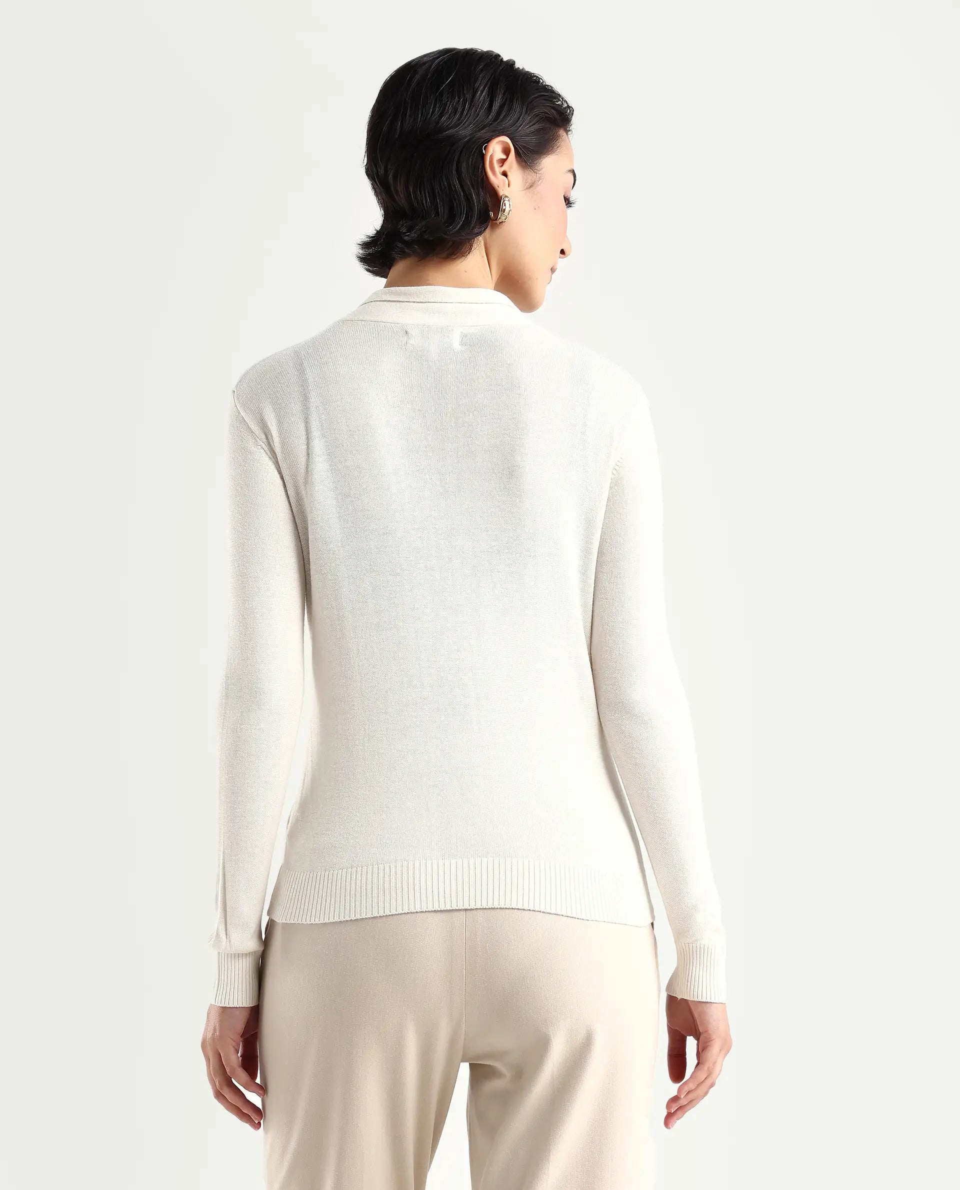 Rareism Women's Dolce White Viscose Tie-Up Neck Plain Regular Fit Sweater