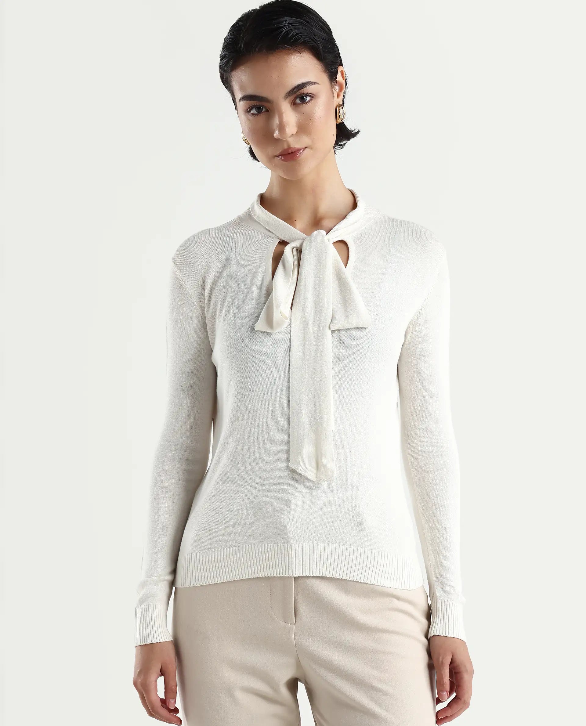 Rareism Women's Dolce White Viscose Tie-Up Neck Plain Regular Fit Sweater