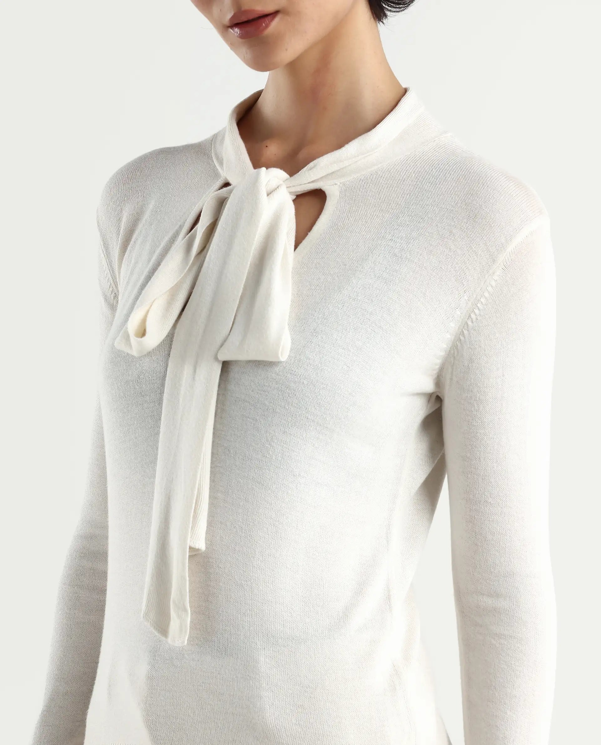 Rareism Women's Dolce White Viscose Tie-Up Neck Plain Regular Fit Sweater
