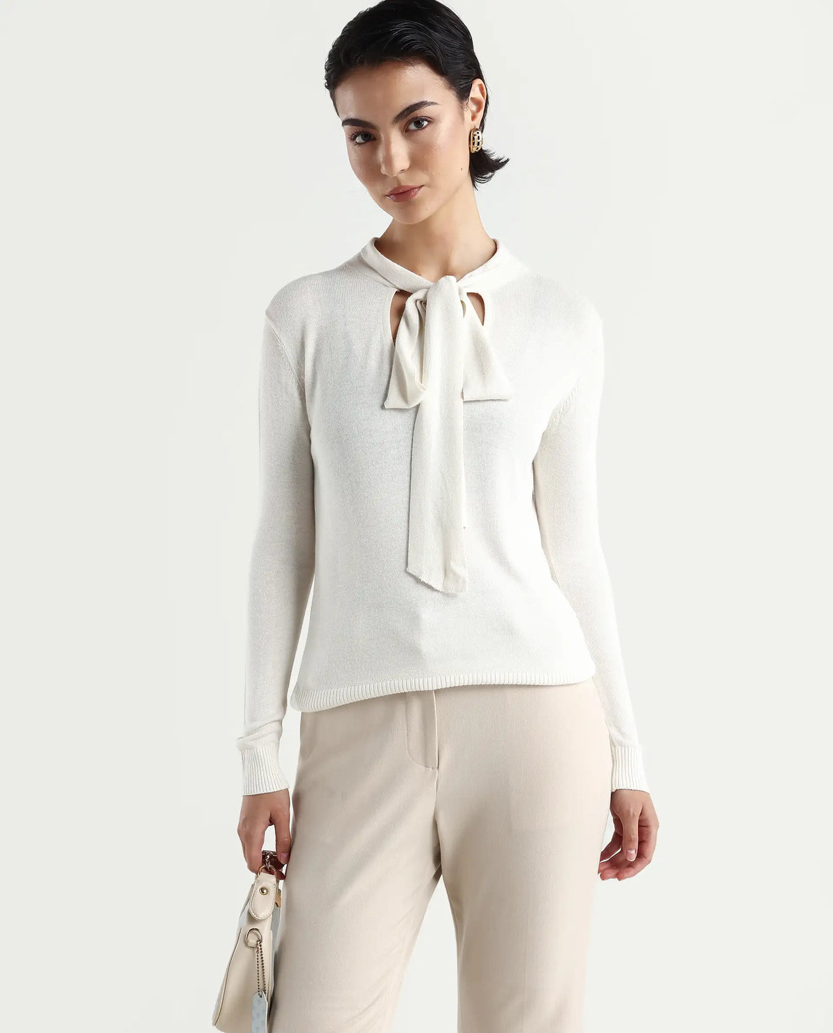 Rareism Women's Dolce White Viscose Tie-Up Neck Plain Regular Fit Sweater