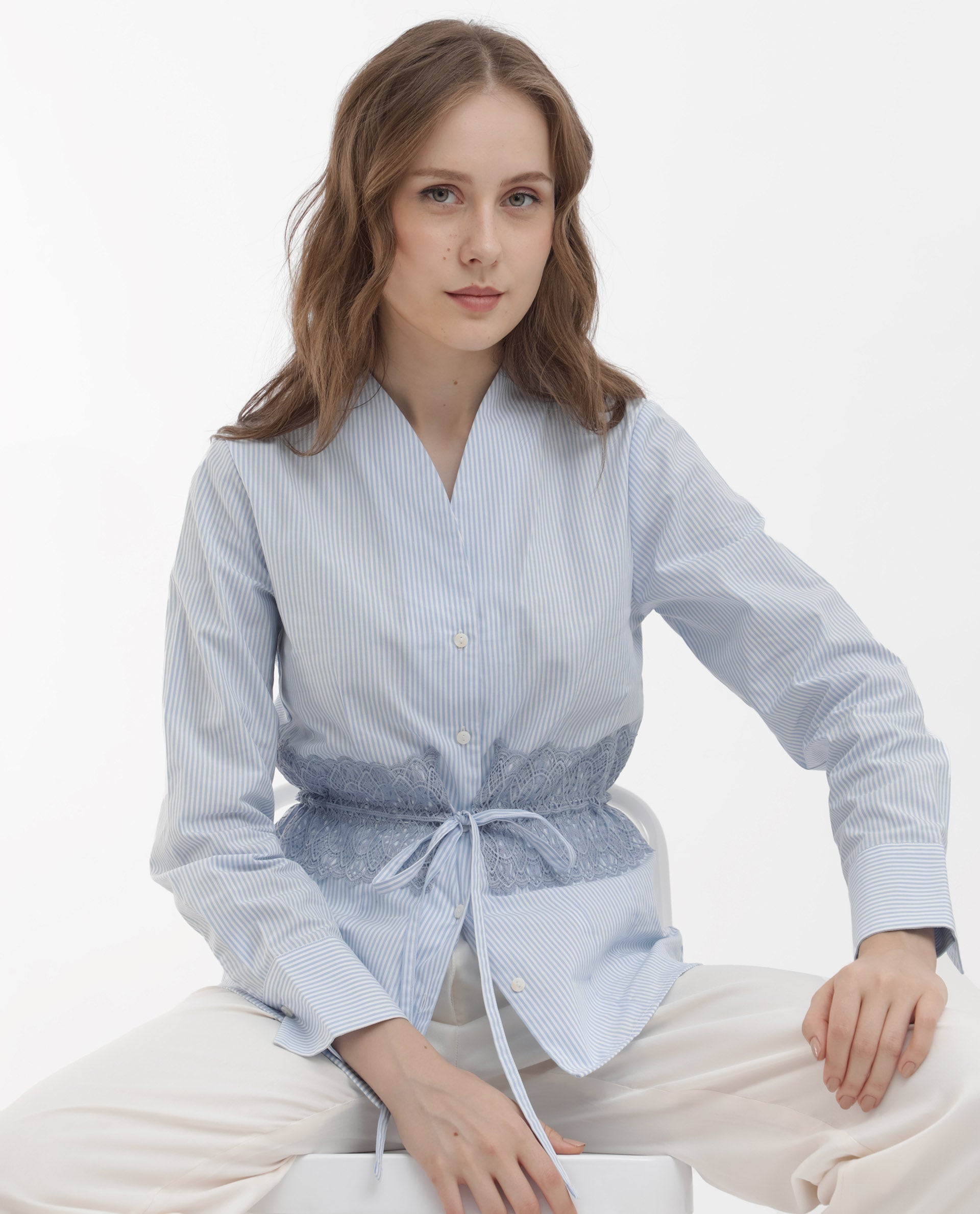Rareism Women Doose Blue Cotton Fabric Full Sleeves Button Closure Collared Neck Cuffed Sleeve Regular Fit Plain Top