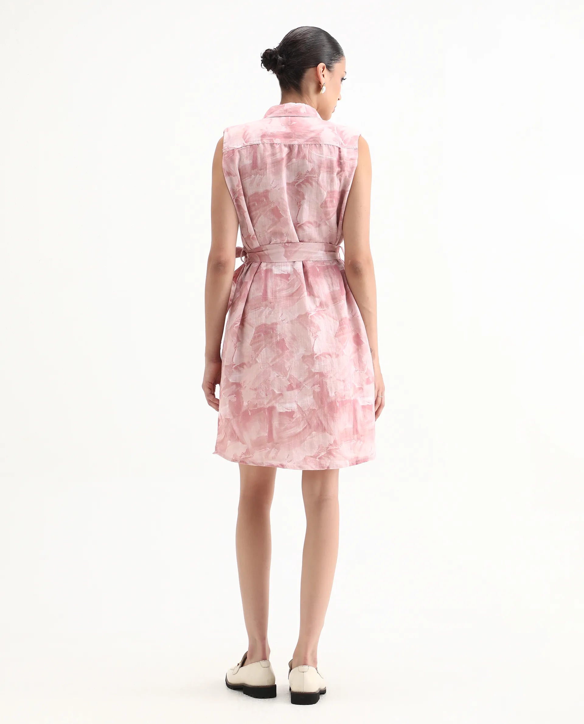Rareism Women's Doremi Pink Linen Spread Collar Abstract Print Sleeveless Knee Length Regular Fit Dress