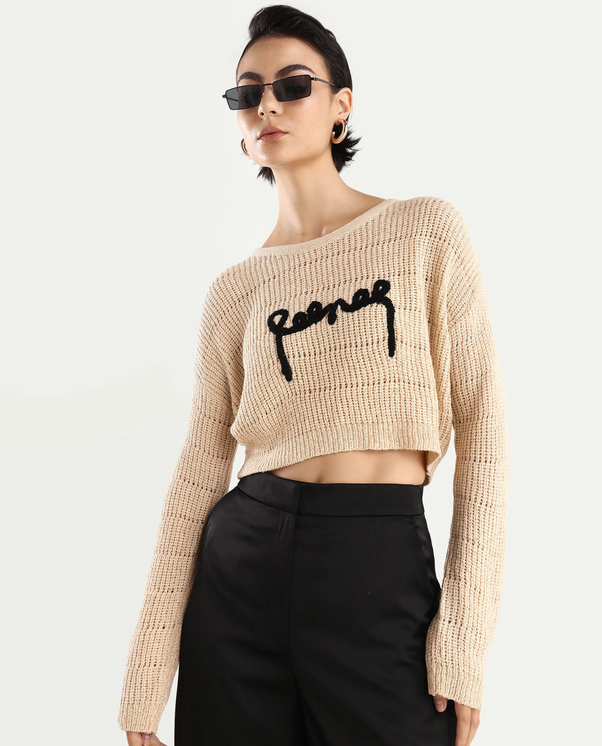 Rareism Women's Dorthi Off White Acrylic Boat Neck Plain Crop Relaxed Fit Top