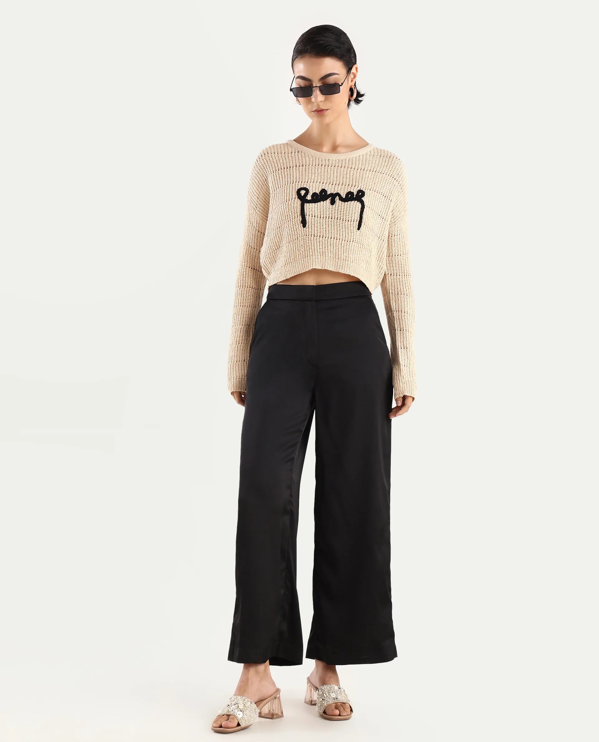 Rareism Women's Dorthi Off White Acrylic Boat Neck Plain Crop Relaxed Fit Top