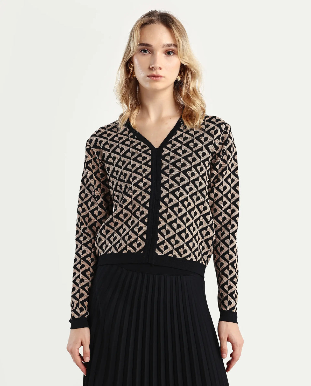 Rareism Women's Dortyol Black Viscose V-Neck Geometric Print Regular Fit Sweater