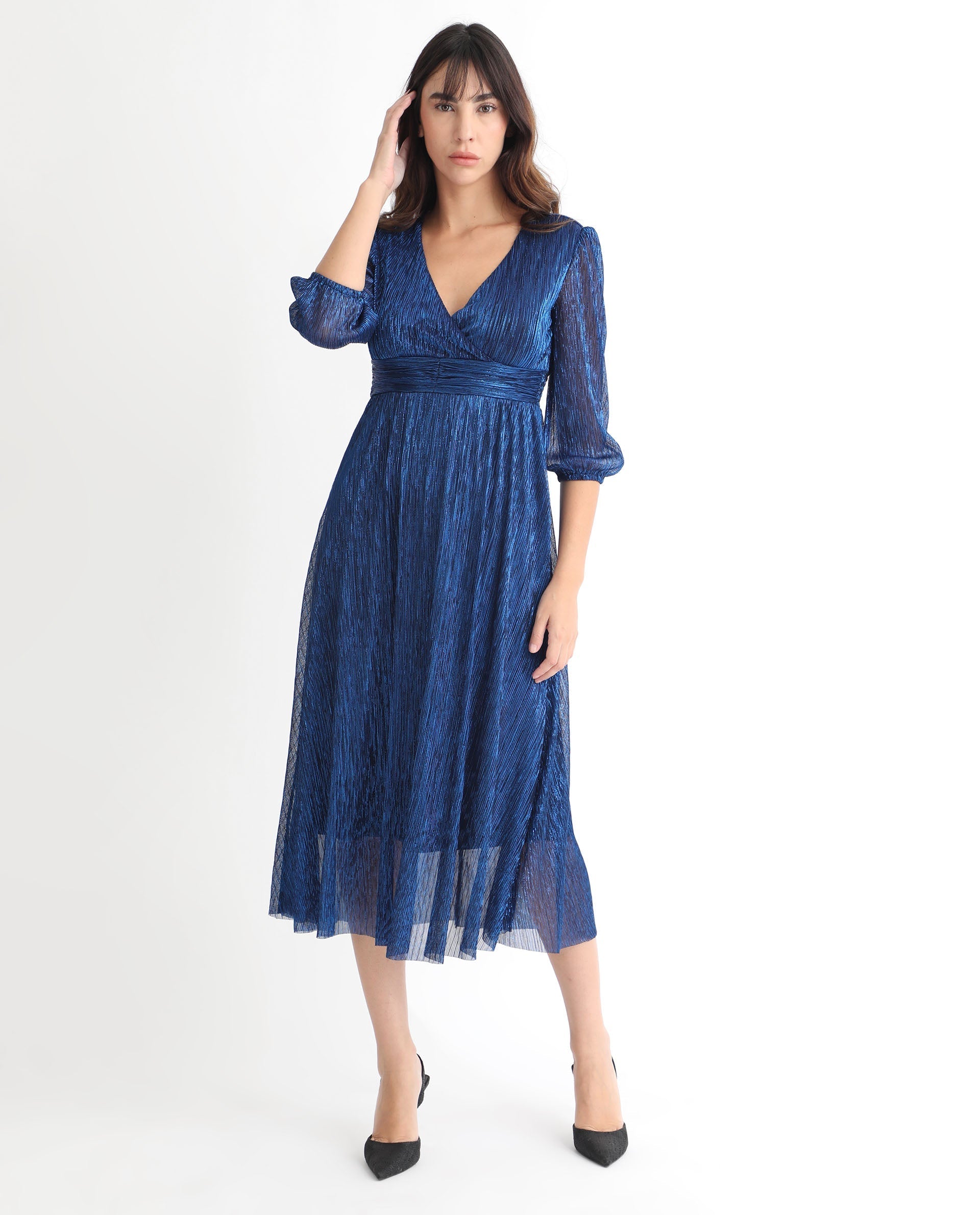 Rareism Women Daso Metallic Blue V Overlap Neck Balloon Sleeves With Fabric Waist Belt Shimmer Party Midi Dress