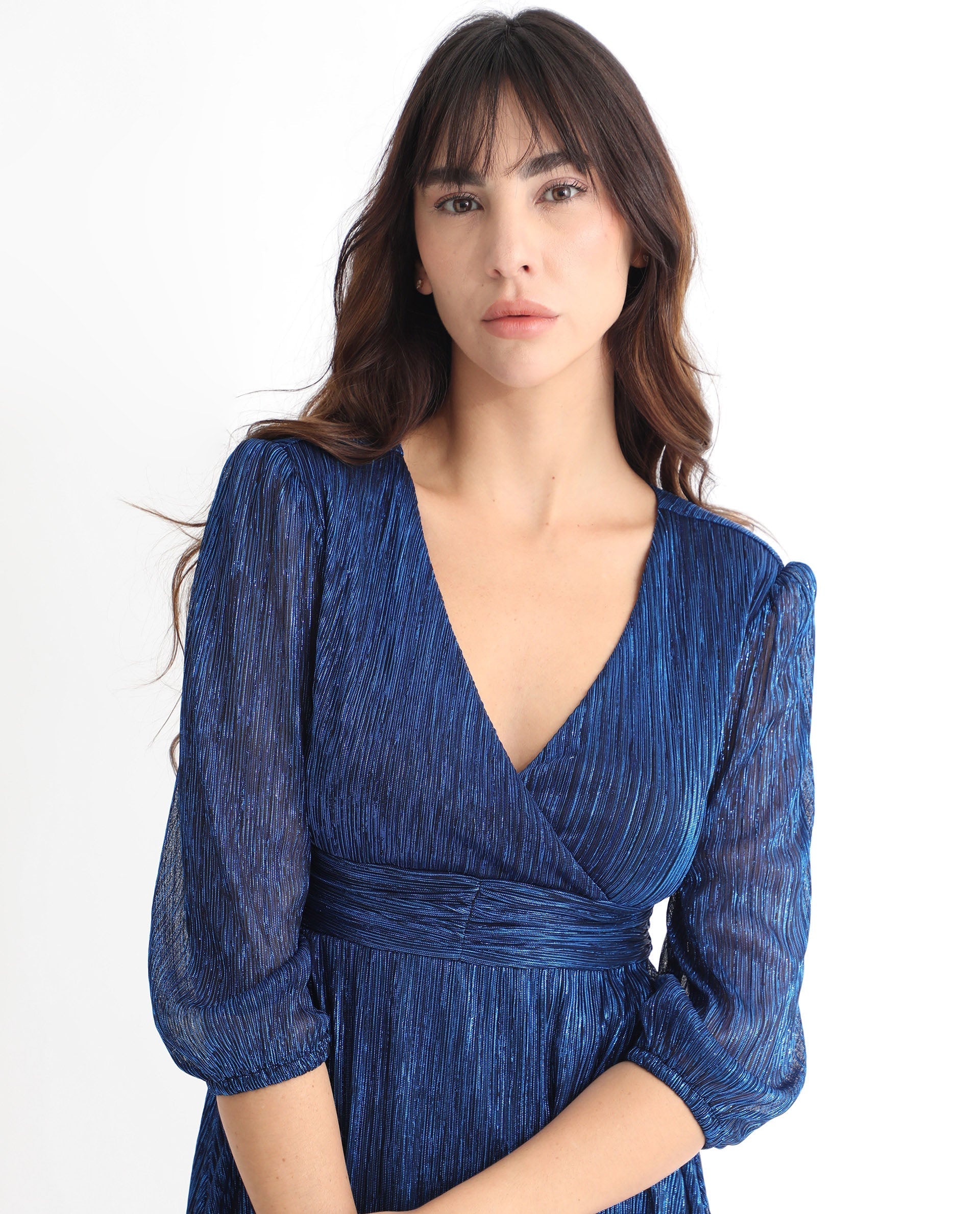 Rareism Women Daso Metallic Blue V Overlap Neck Balloon Sleeves With Fabric Waist Belt Shimmer Party Midi Dress
