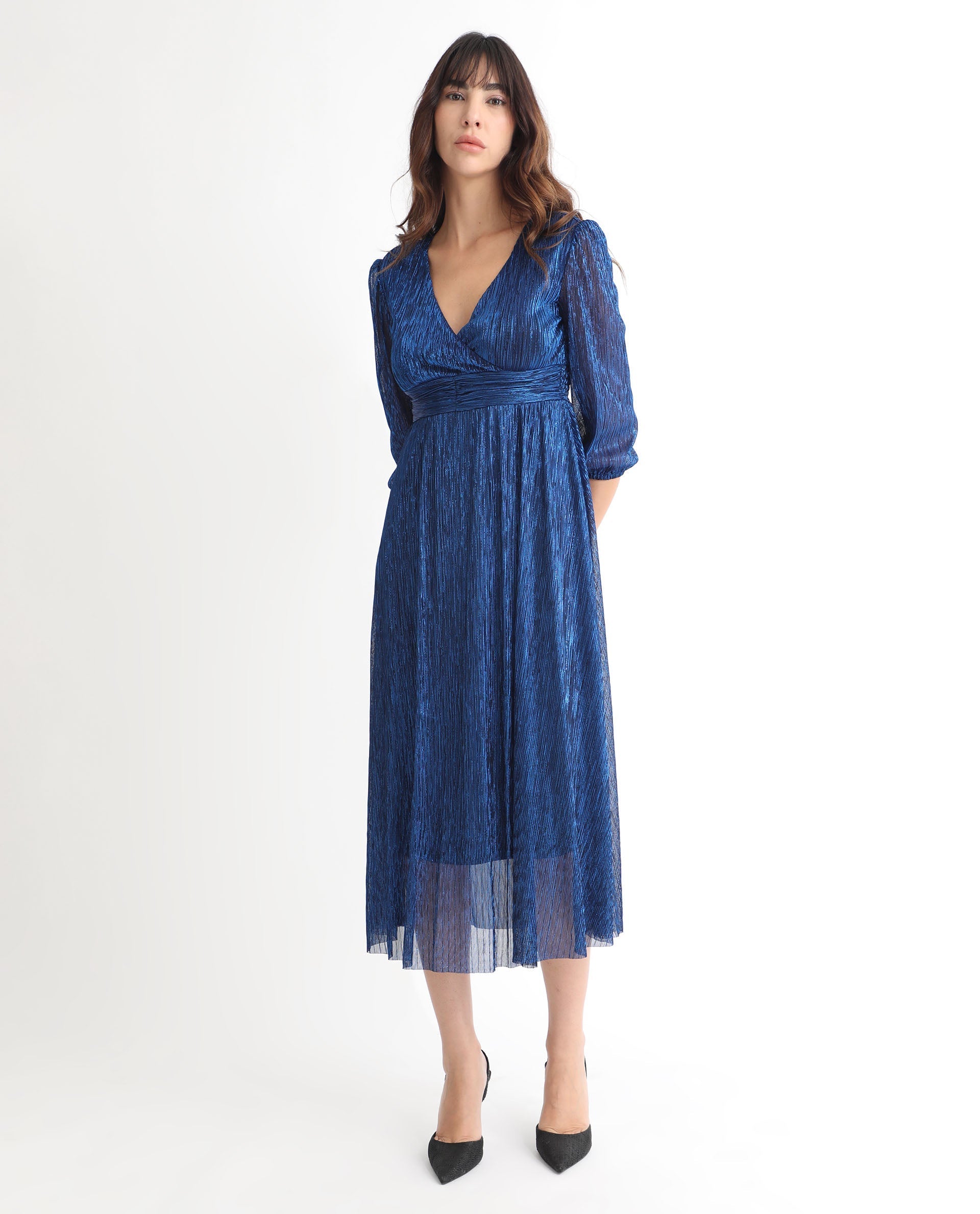 Rareism Women Daso Metallic Blue V Overlap Neck Balloon Sleeves With Fabric Waist Belt Shimmer Party Midi Dress