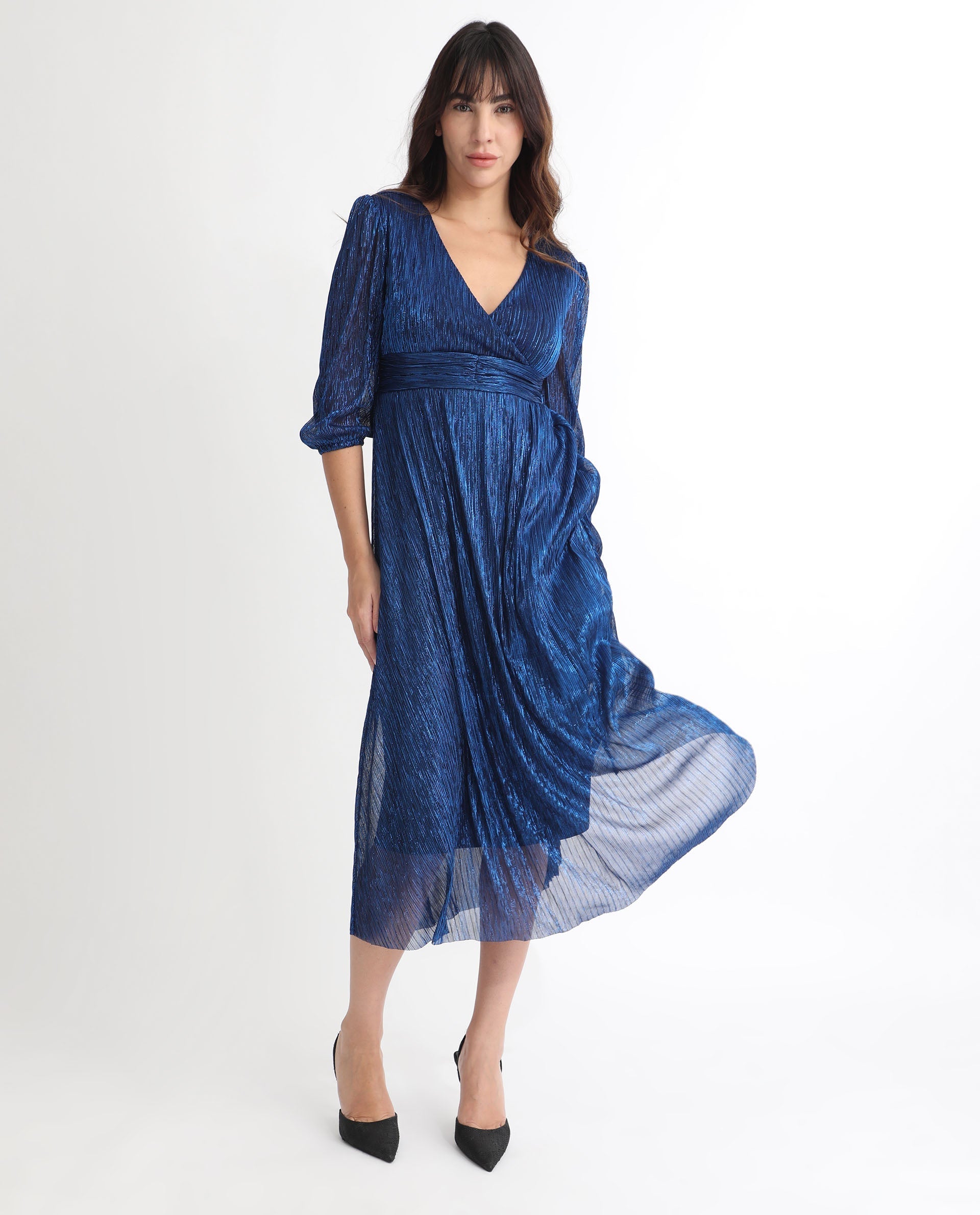 Rareism Women Daso Metallic Blue V Overlap Neck Balloon Sleeves With Fabric Waist Belt Shimmer Party Midi Dress