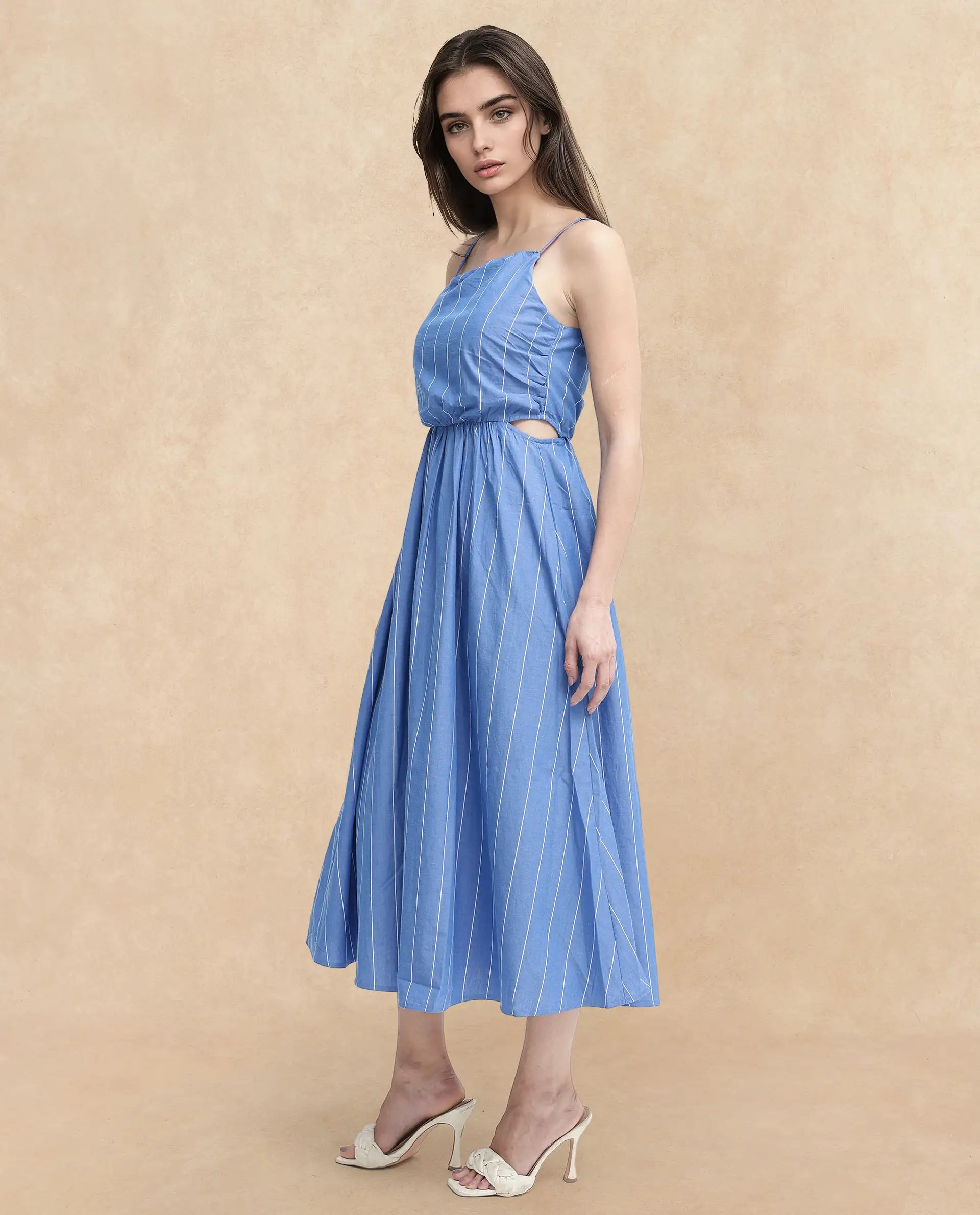 Rareism Women's Doyle Blue Asymmetric Neck Zipper Closure Sleeveless Striped Fit And Flare Midi Dress