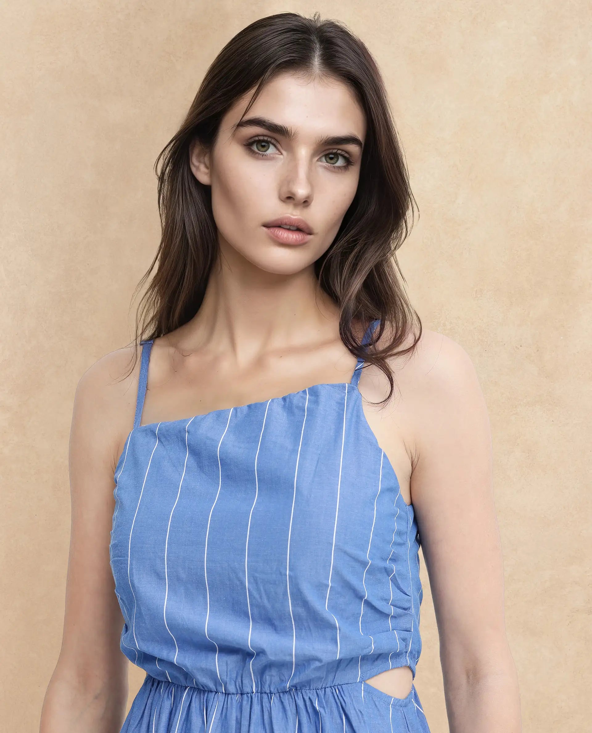 Rareism Women's Doyle Blue Asymmetric Neck Zipper Closure Sleeveless Striped Fit And Flare Midi Dress