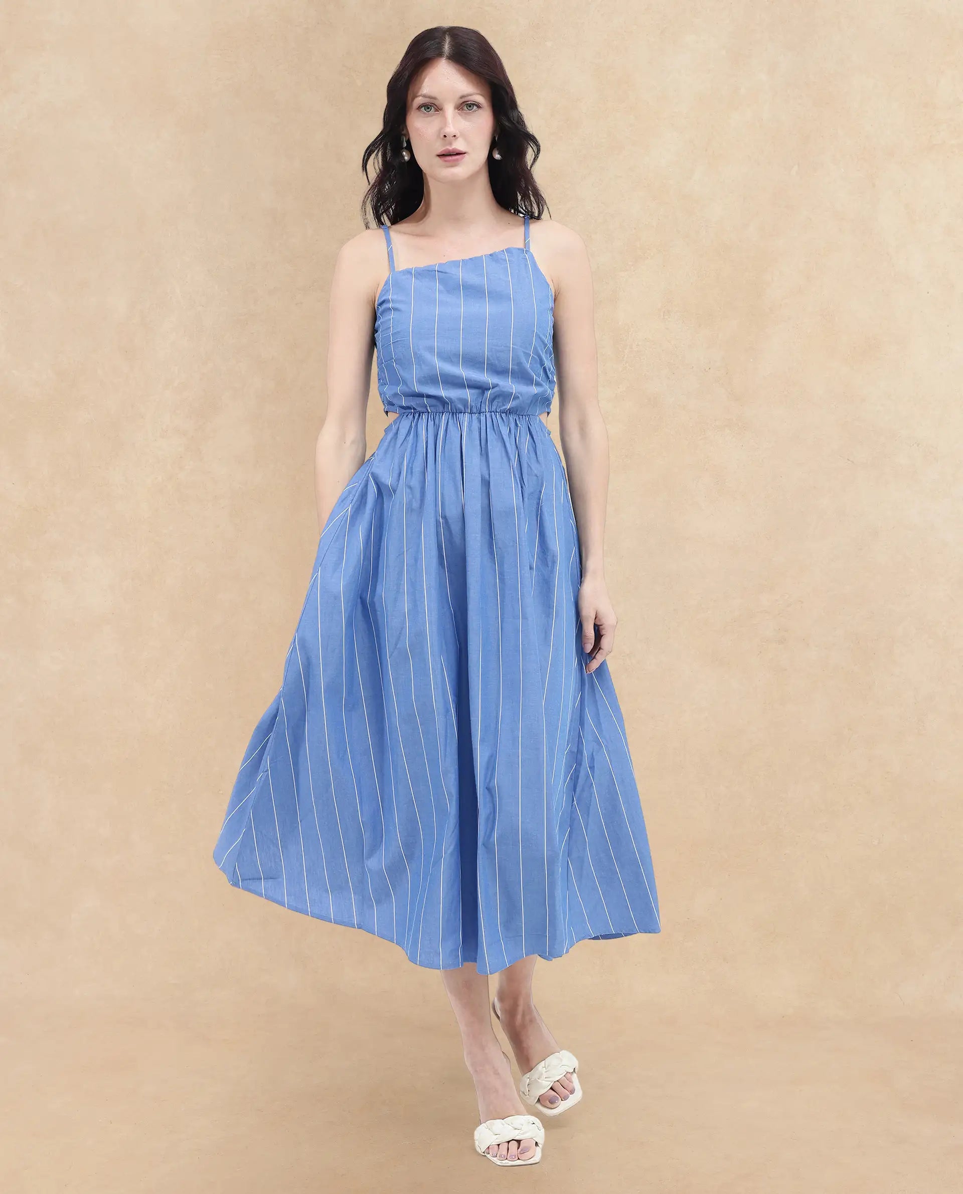 Rareism Women's Doyle Blue Asymmetric Neck Zipper Closure Sleeveless Striped Fit And Flare Midi Dress