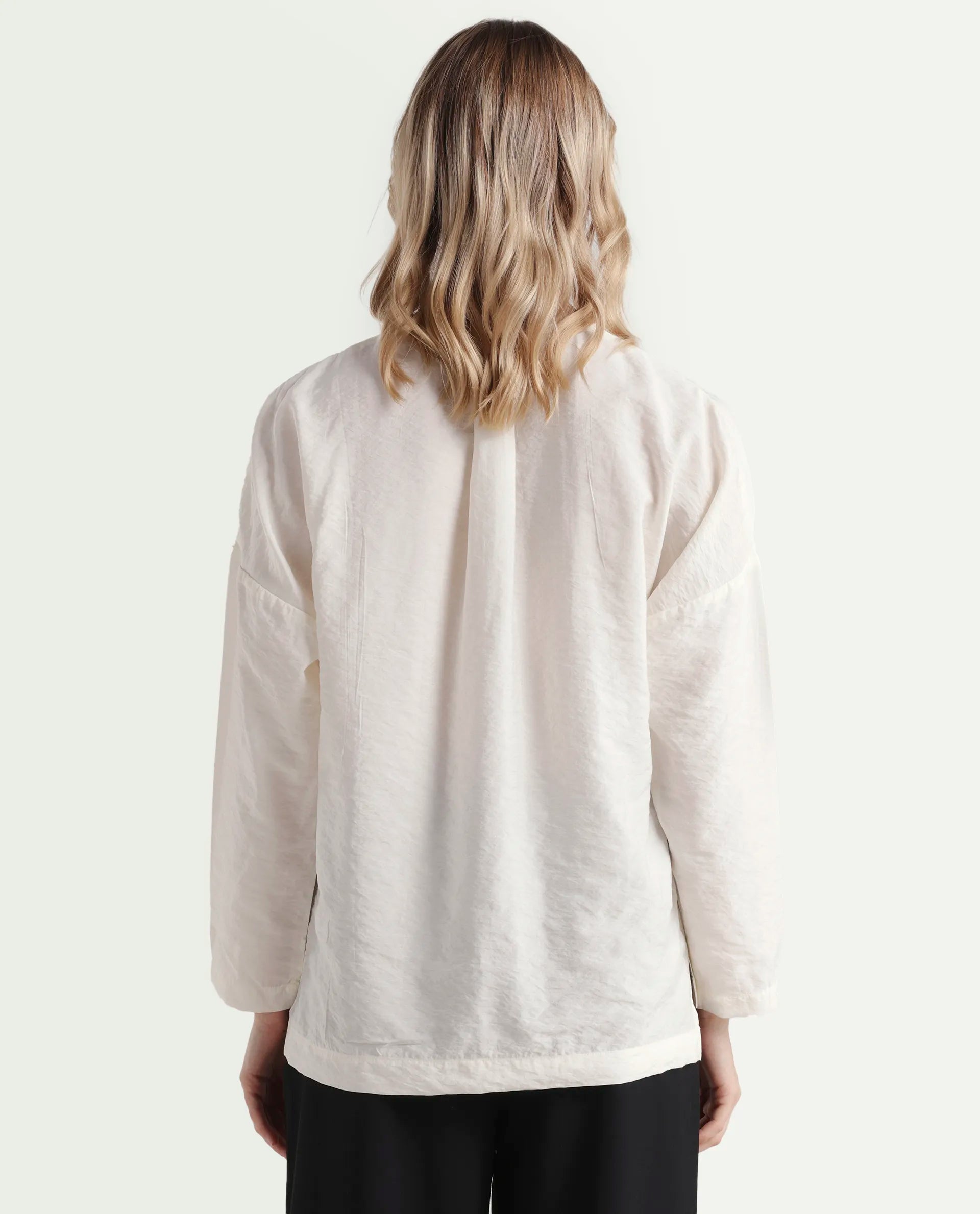 Rareism Women's Drap Off White Nylon Blend Lapel Neck Plain Relaxed Fit Top