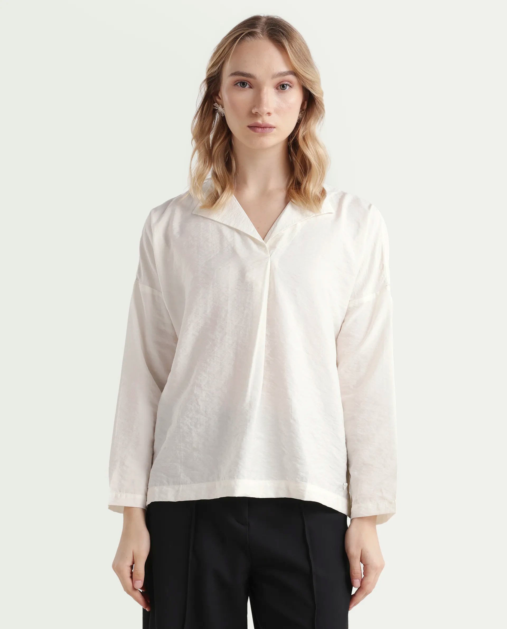 Rareism Women's Drap Off White Nylon Blend Lapel Neck Plain Relaxed Fit Top