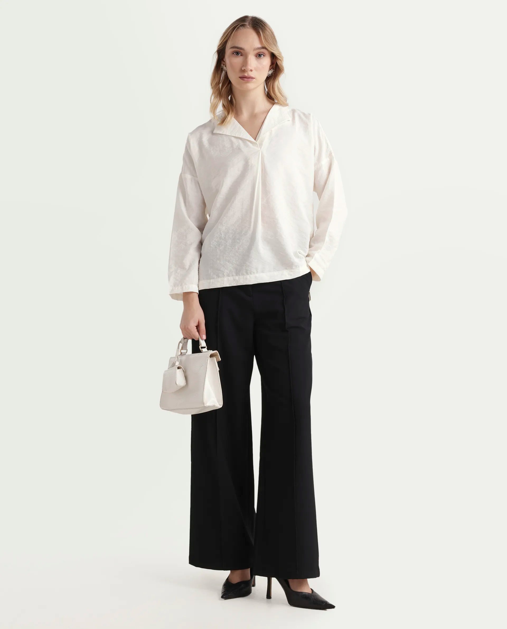 Rareism Women's Drap Off White Nylon Blend Lapel Neck Plain Relaxed Fit Top