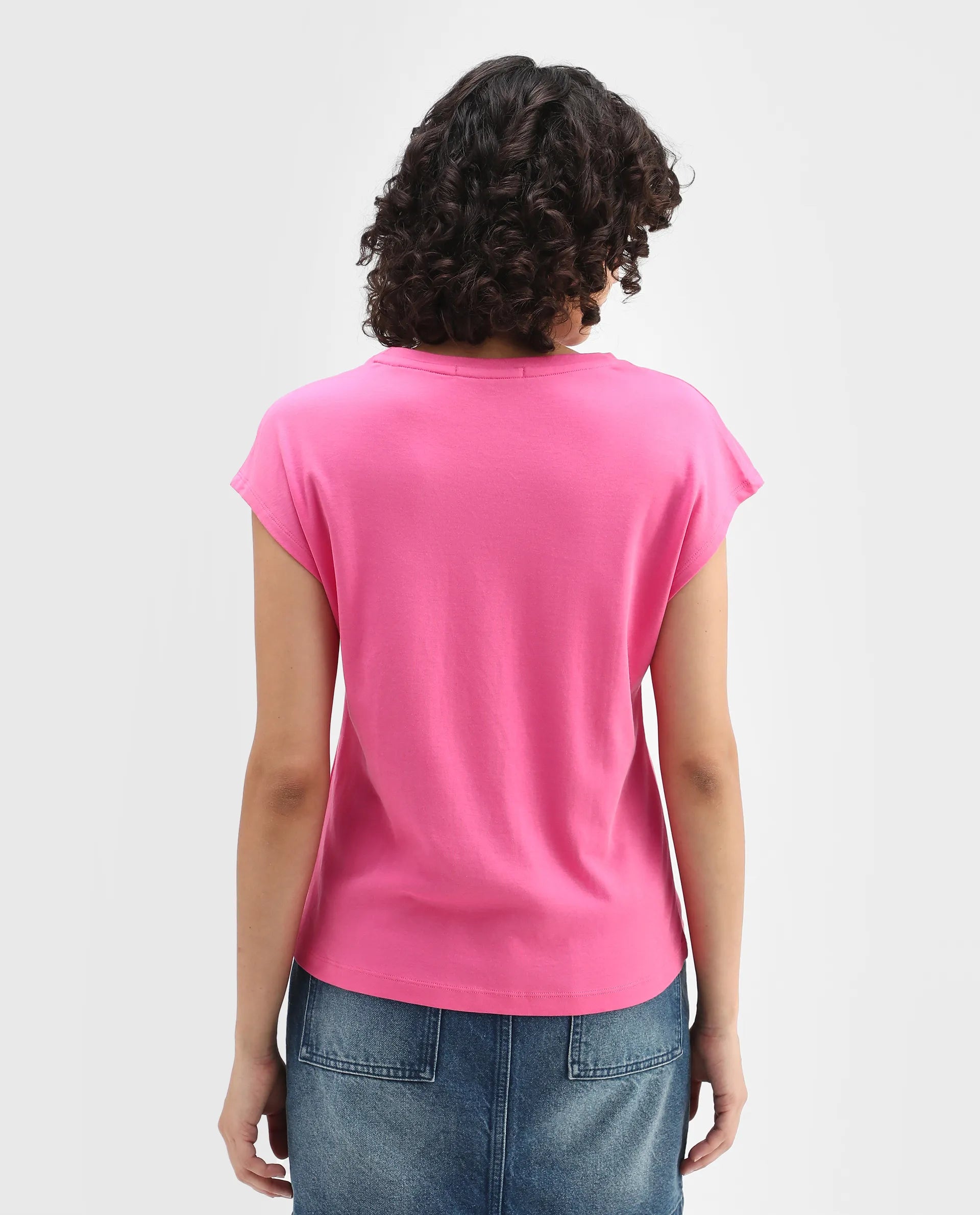 Rareism Women's Drelia Pink Cotton Crew Neck Graphic Print Extended Sleeves Regular Fit T-Shirt