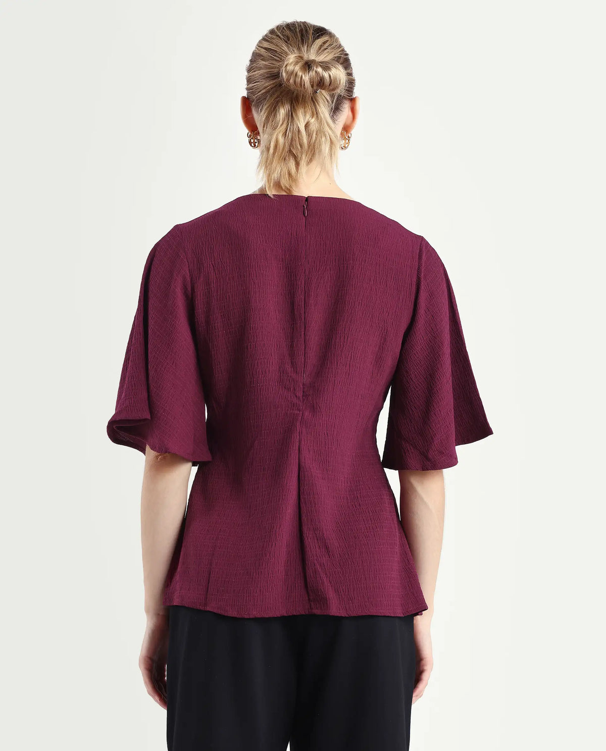 Rareism Women's Drib Dark Red Polyester Crew Neck Plain Bell Sleeve Regular Fit Top