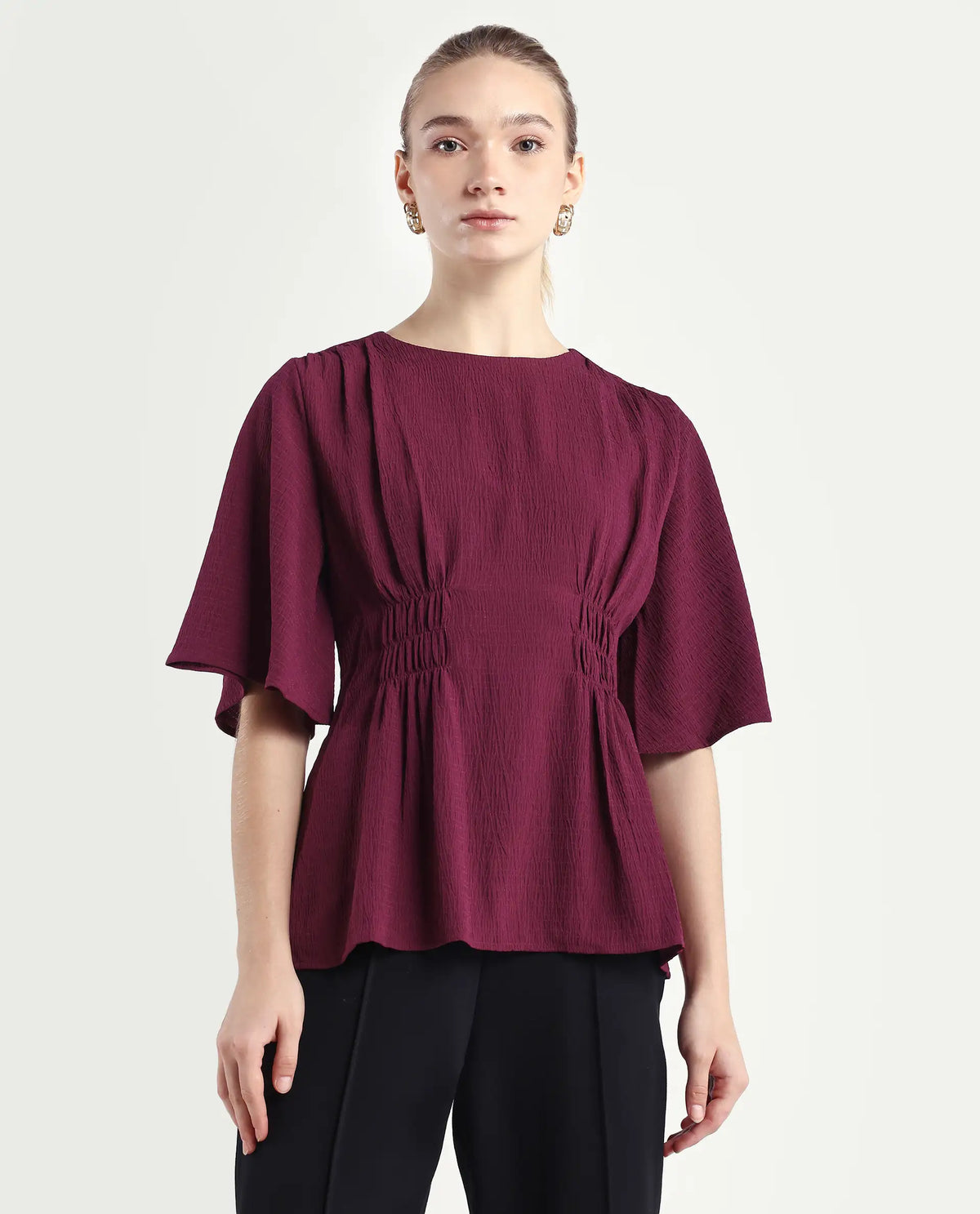 Rareism Women's Drib Dark Red Polyester Crew Neck Plain Bell Sleeve Regular Fit Top