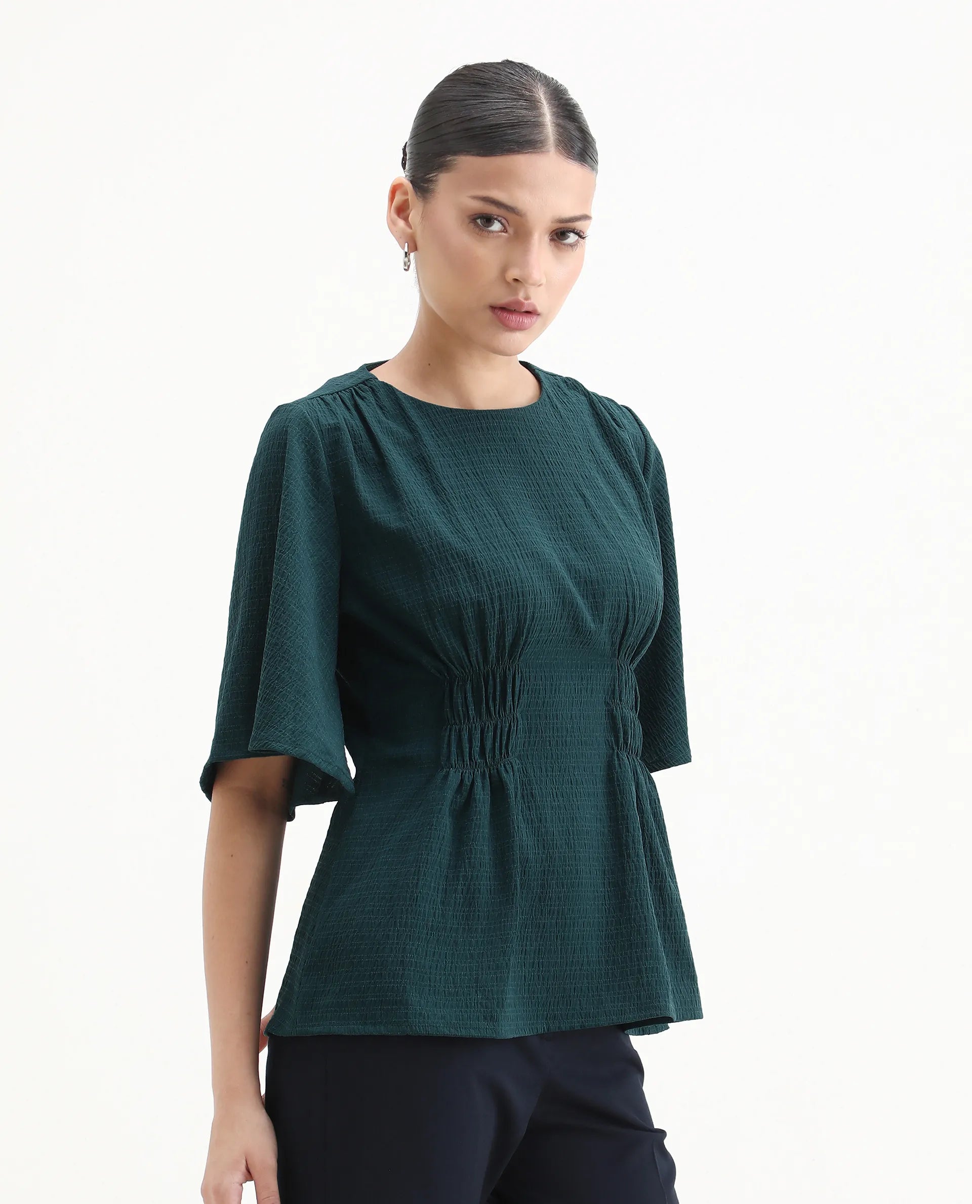 Rareism Women's Drin Petrol Polyester Crew Neck Plain Bell Sleeve Regular Fit Top