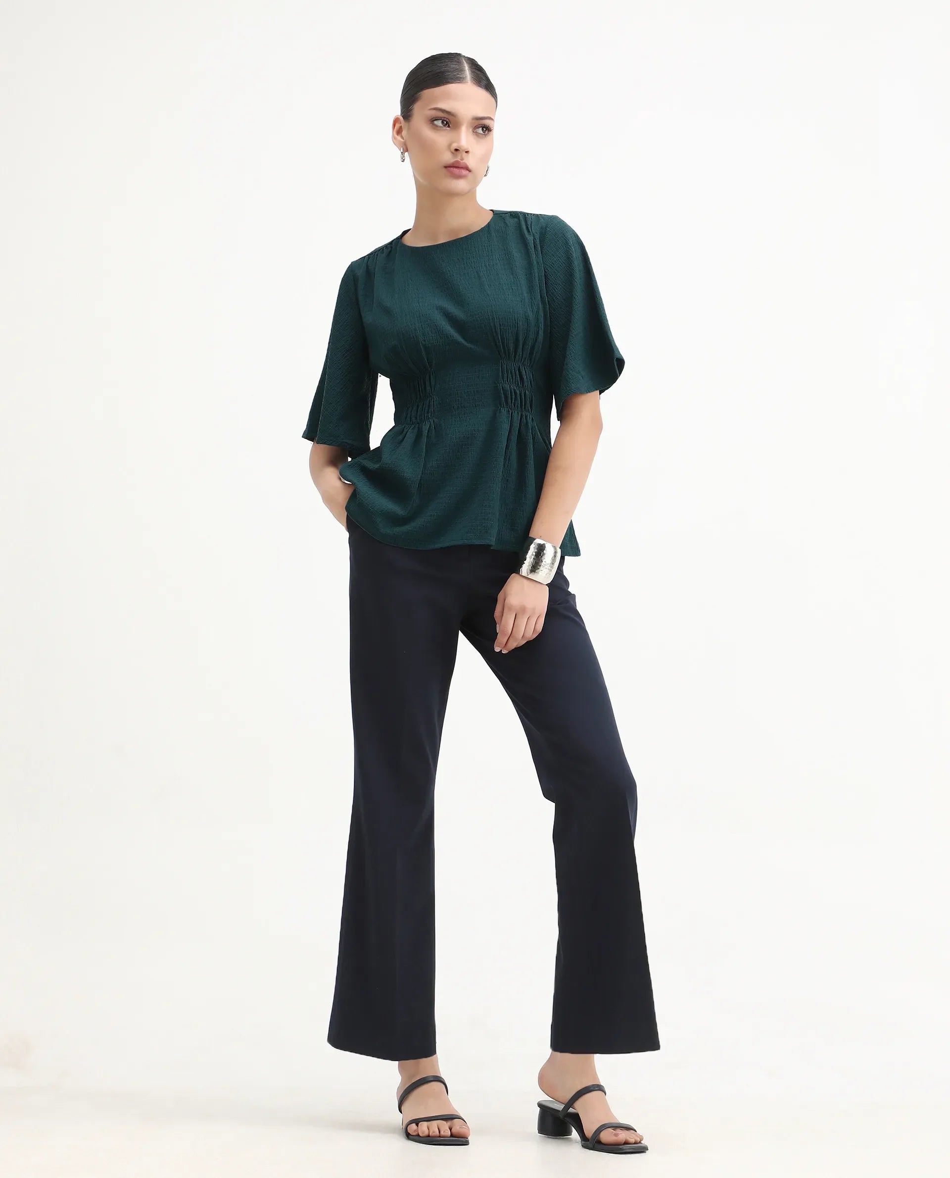 Rareism Women's Drin Petrol Polyester Crew Neck Plain Bell Sleeve Regular Fit Top