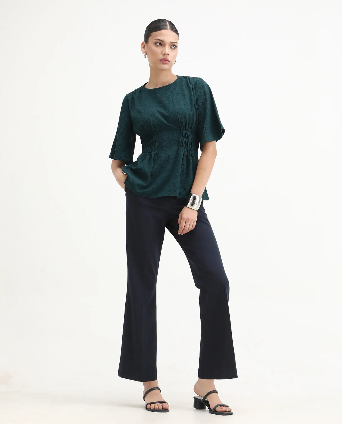Rareism Women's Drin Petrol Polyester Crew Neck Plain Bell Sleeve Regular Fit Top