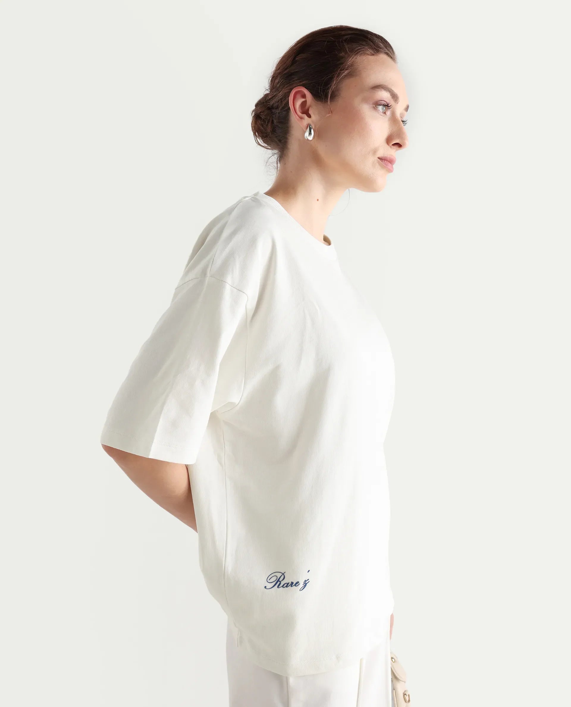 Rareism Women's Droako Off White Cotton Graphic Print Oversized T-Shirt