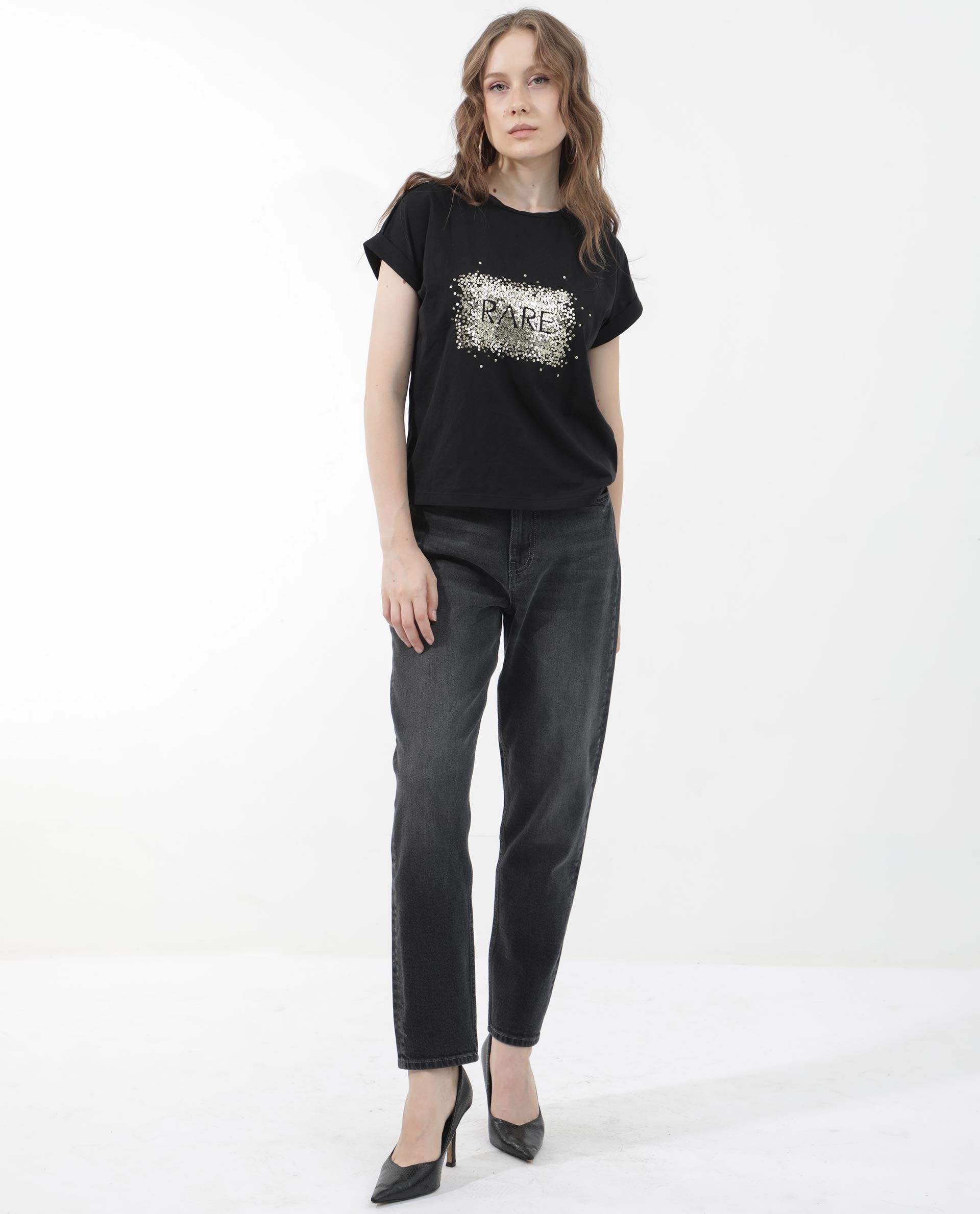 Rareism Women Rento Black Cotton Elastane Fabric Crew Neck Knit Solid T-Shirt