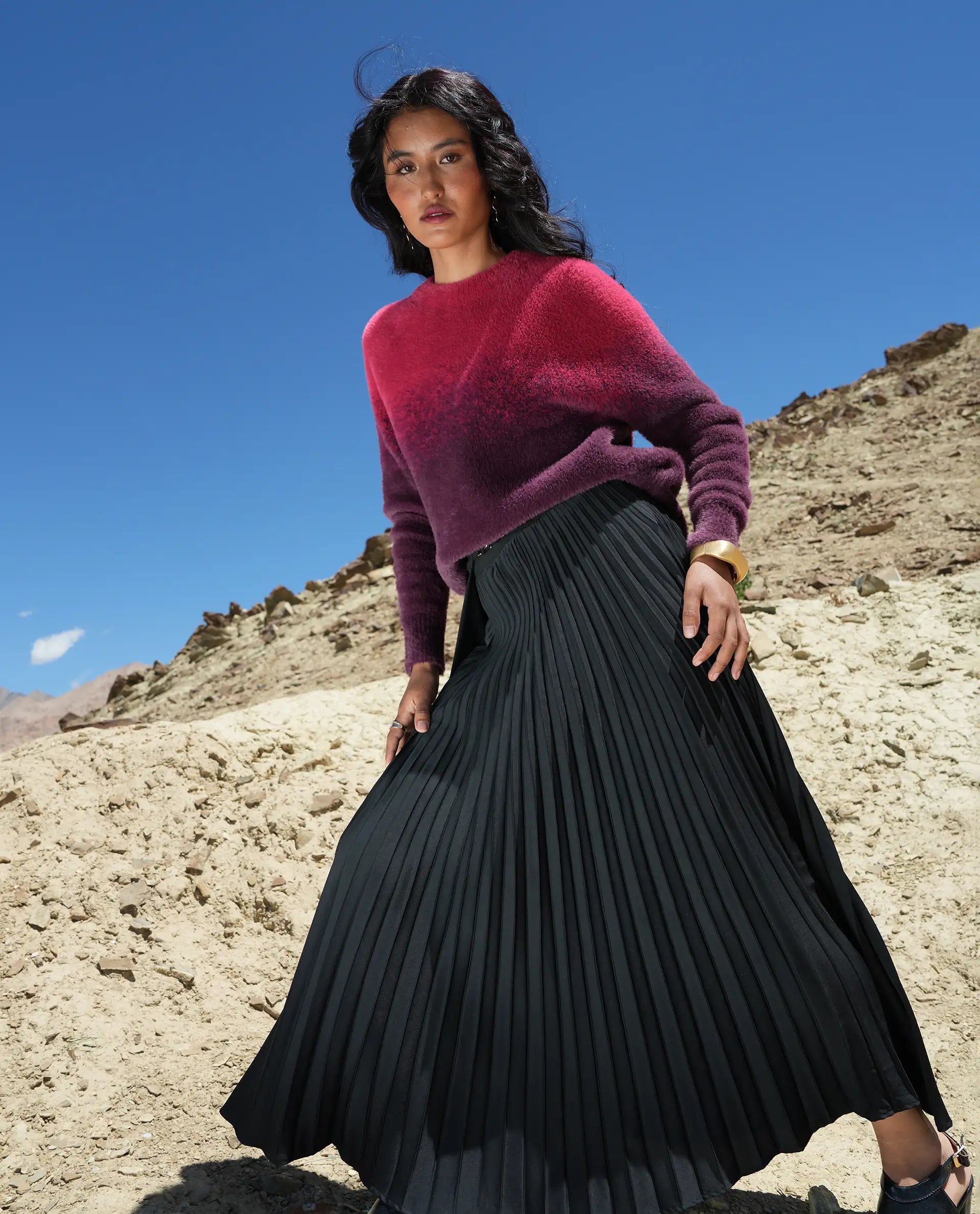 Rareism Women's Avid Black Polyester Flared Skirt