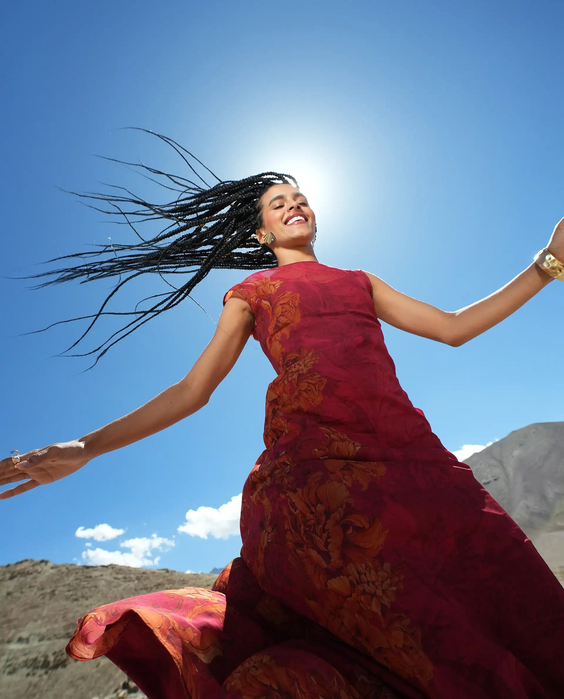 Rareism Women's Avins Pink Viscose Organza Round Neck Fit And Flare Printed Dress