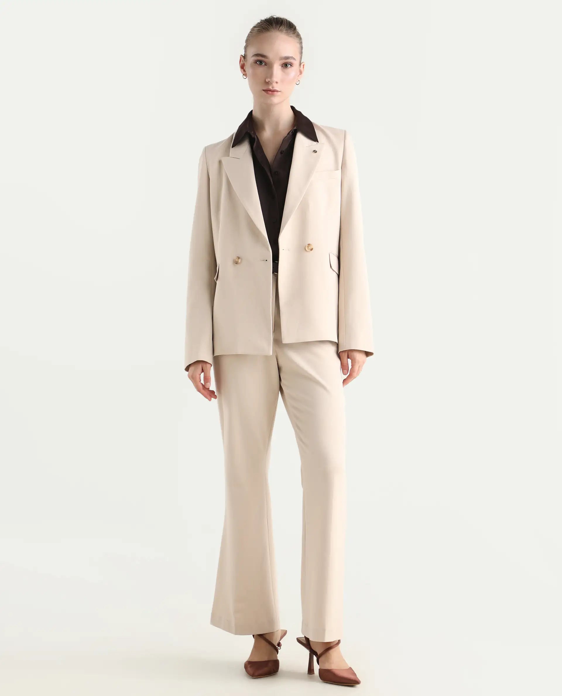 Rareism Women's Dublo Beige Polyester Blend Fabric Full Sleeve Lapel Collar Plain Blazer